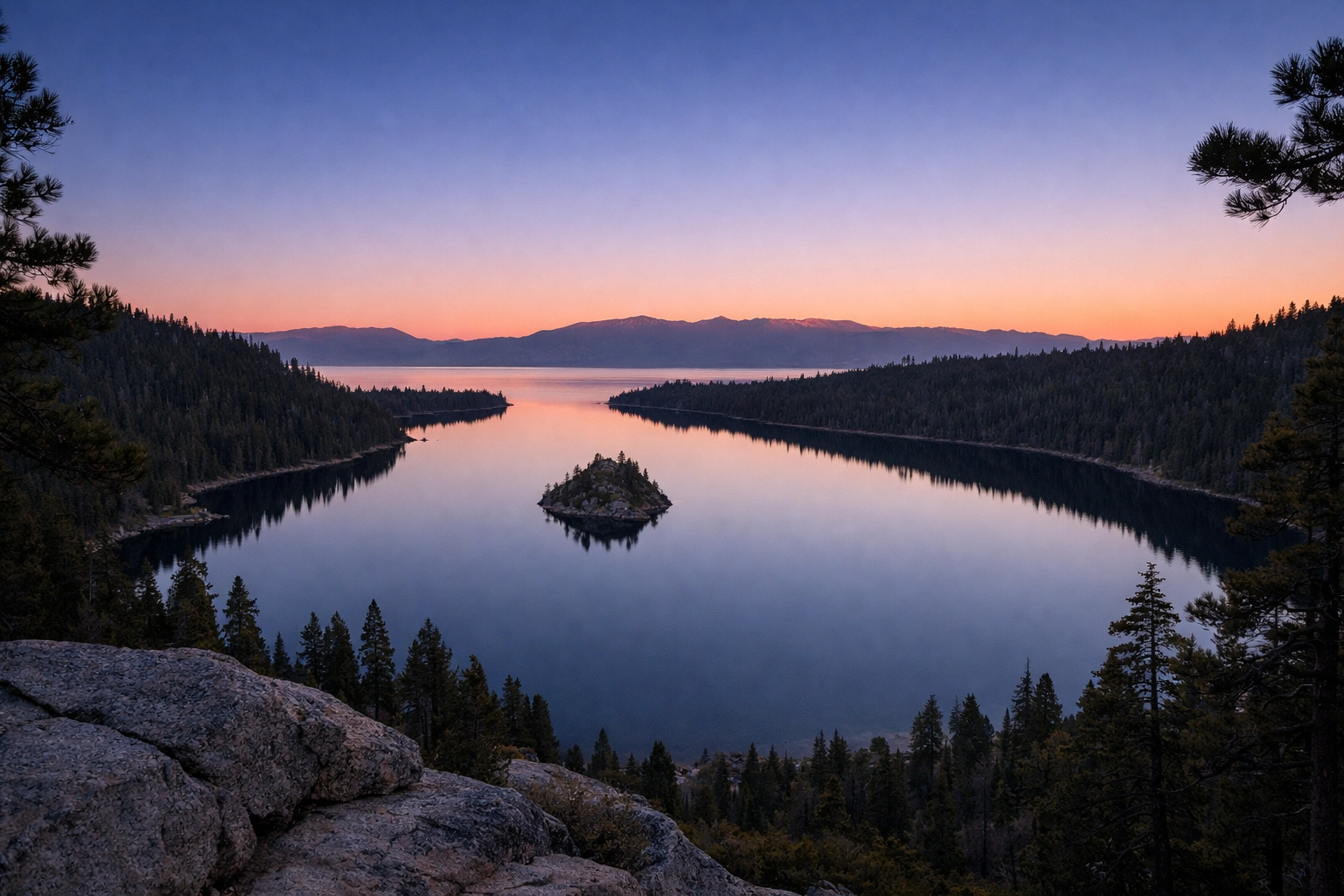 Sunrise at Emerald Bay Overlook with Fannette Island, a premier Lake Tahoe landscape photography location.