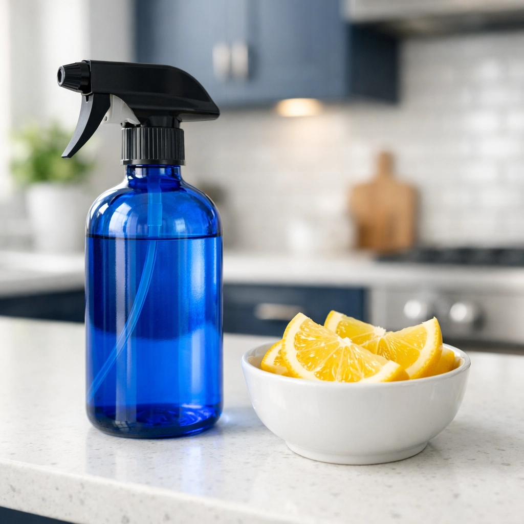 Natural DIY cleaning solution in a spray bottle for scrubbing baseboards without harsh chemicals.