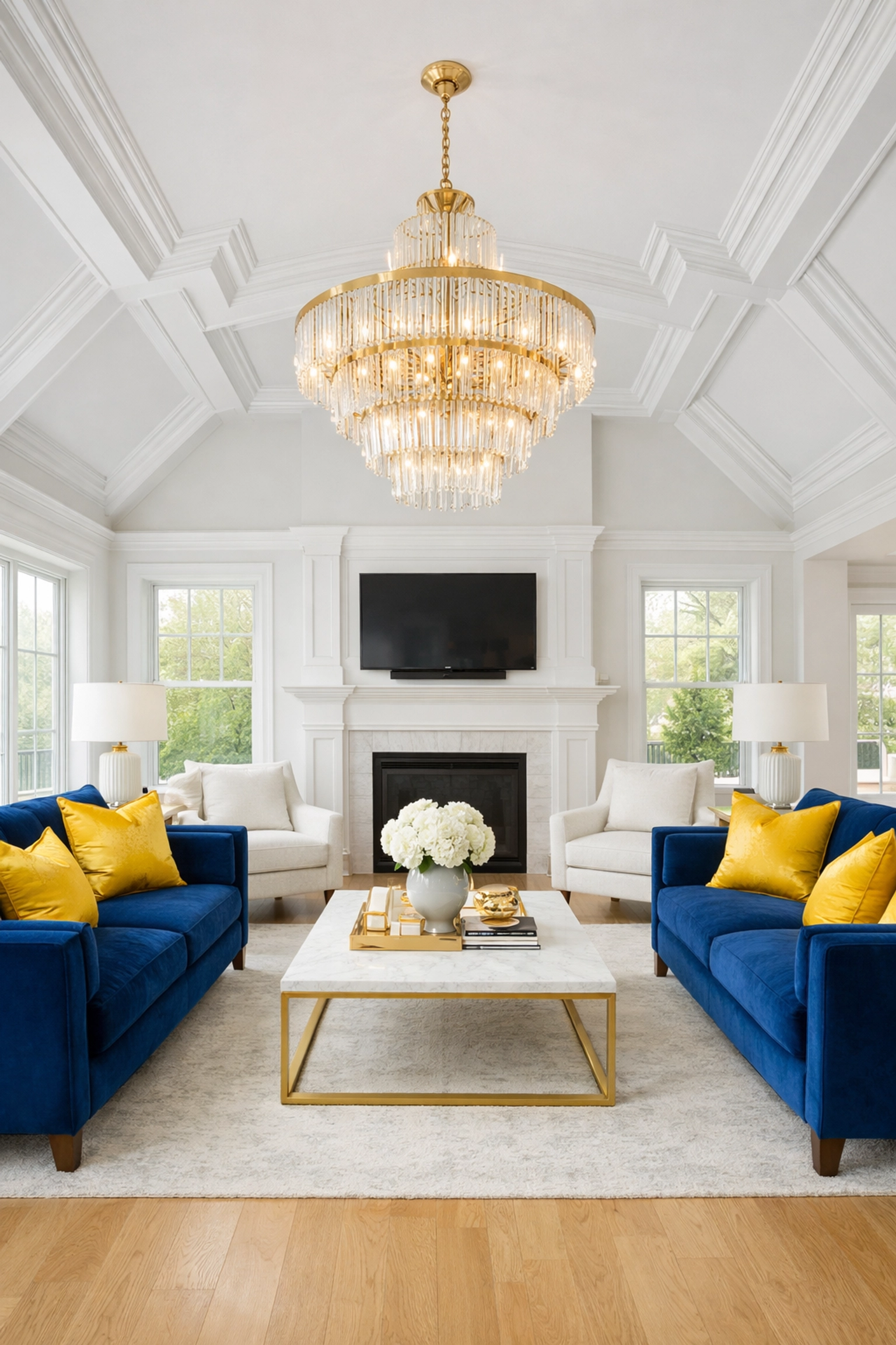 A pristine and dust-free luxury living room in Natick after a professional post-construction cleaning service.