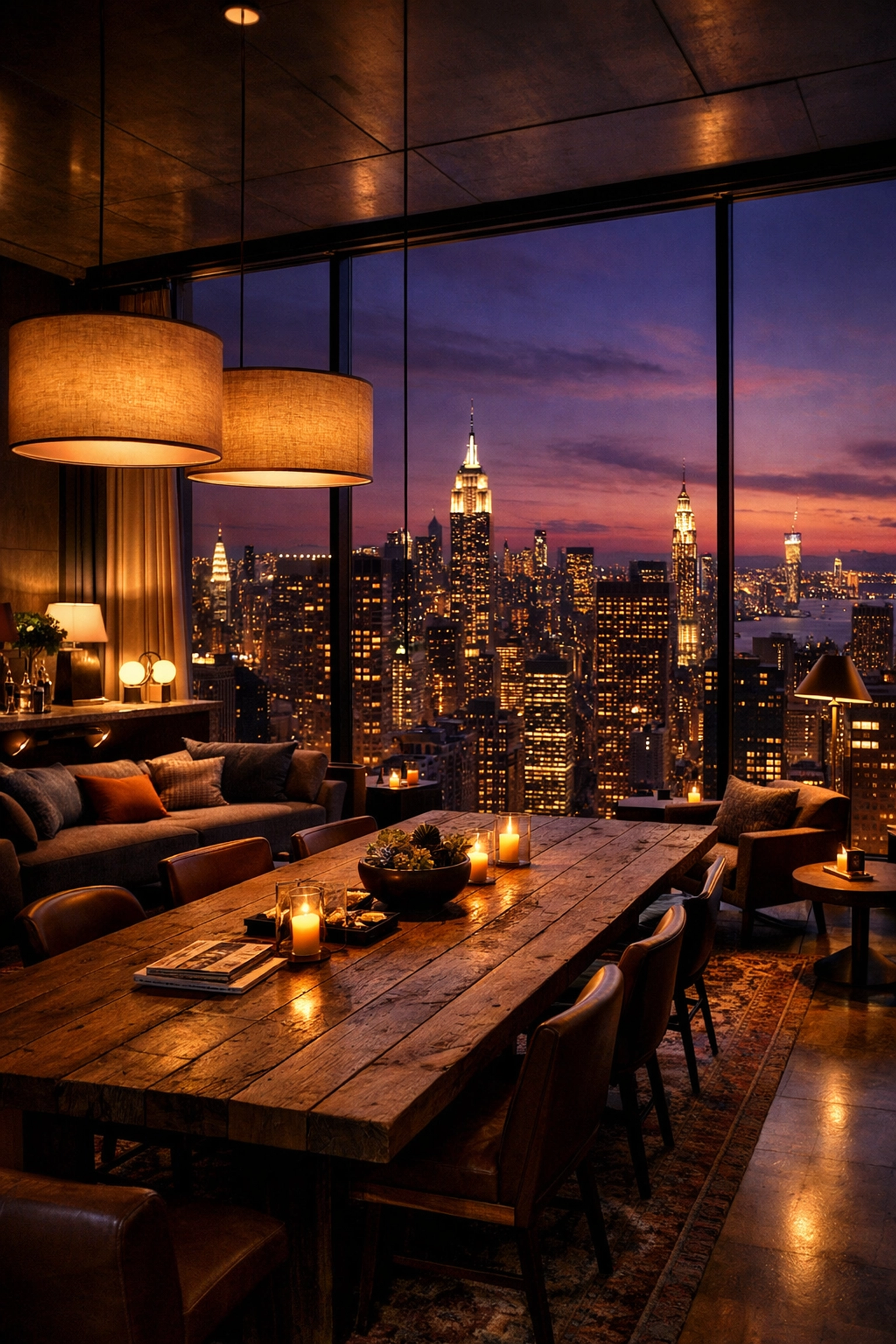 Modern co-living penthouse lounge with New York City skyline view, representing luxury remote work housing.