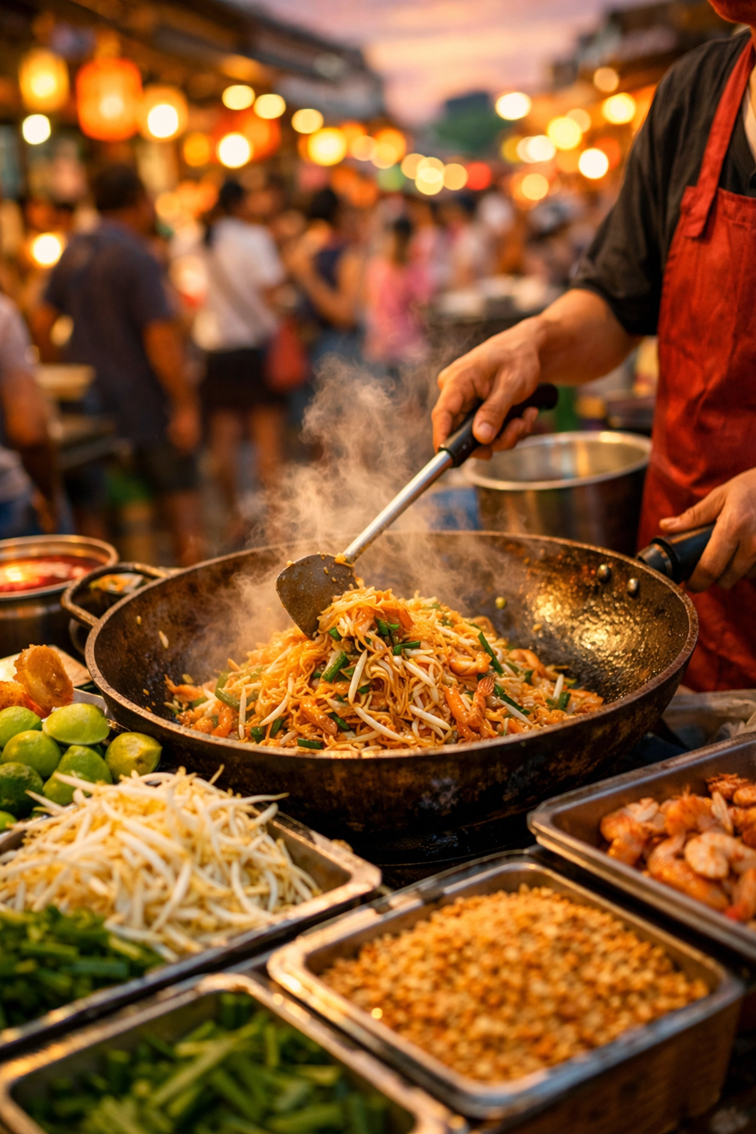 Vibrant street food stall at a local market offering affordable budget travel food options.
