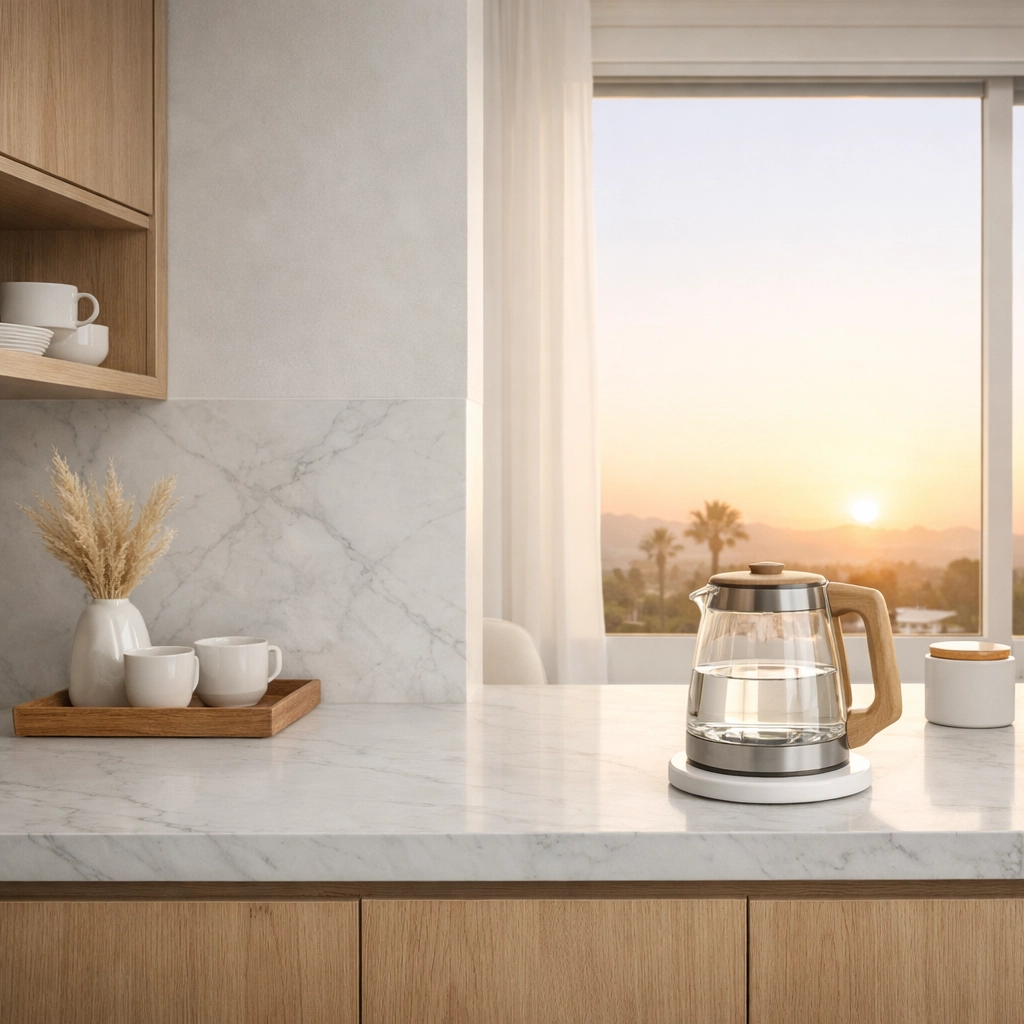 Custom home addition morning bar with designer kettle and circadian lighting in Maricopa County.