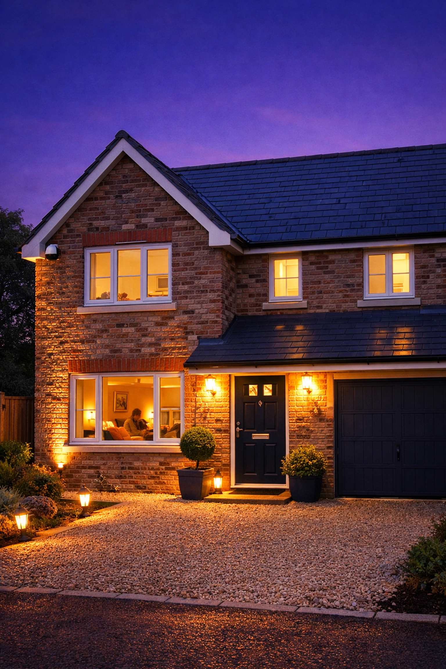 Secure residential home with motion lighting and a discreet home security camera at dusk.