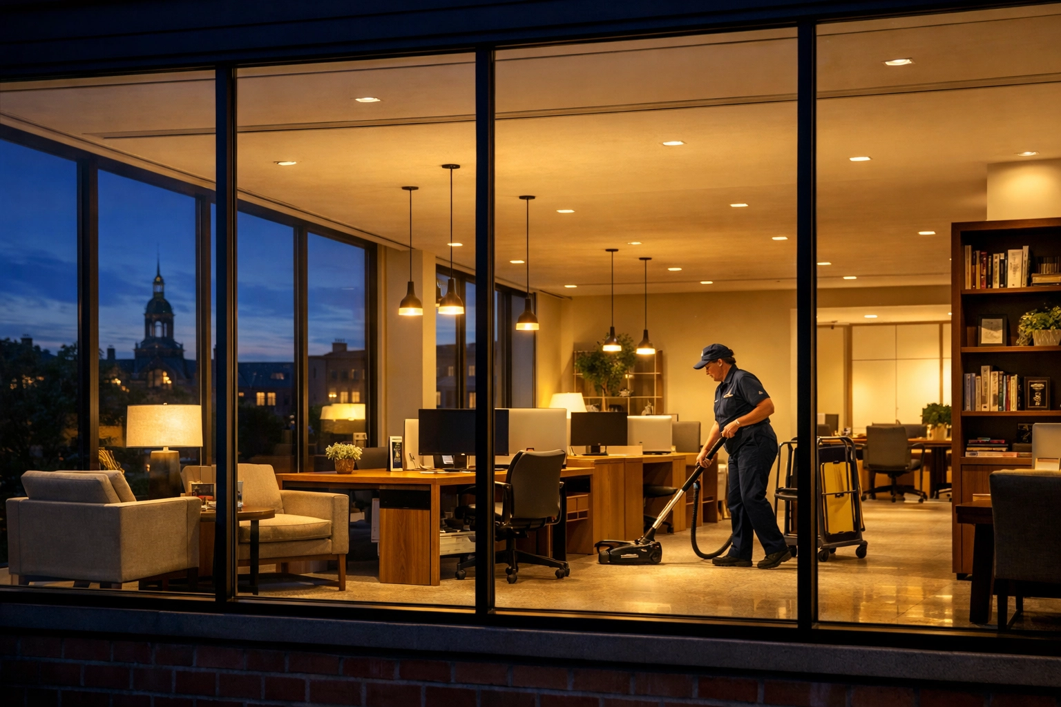 Professional after-hours commercial cleaning service preparing a Harvard office building for the next day.