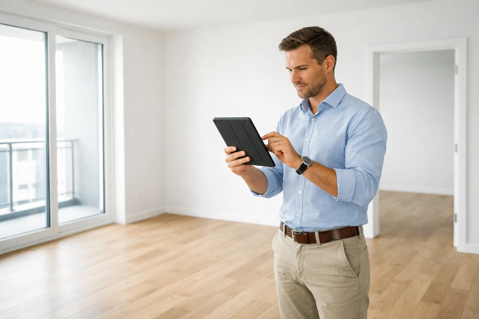 Property manager conducting pre-move-out inspection in empty apartment unit using tablet
