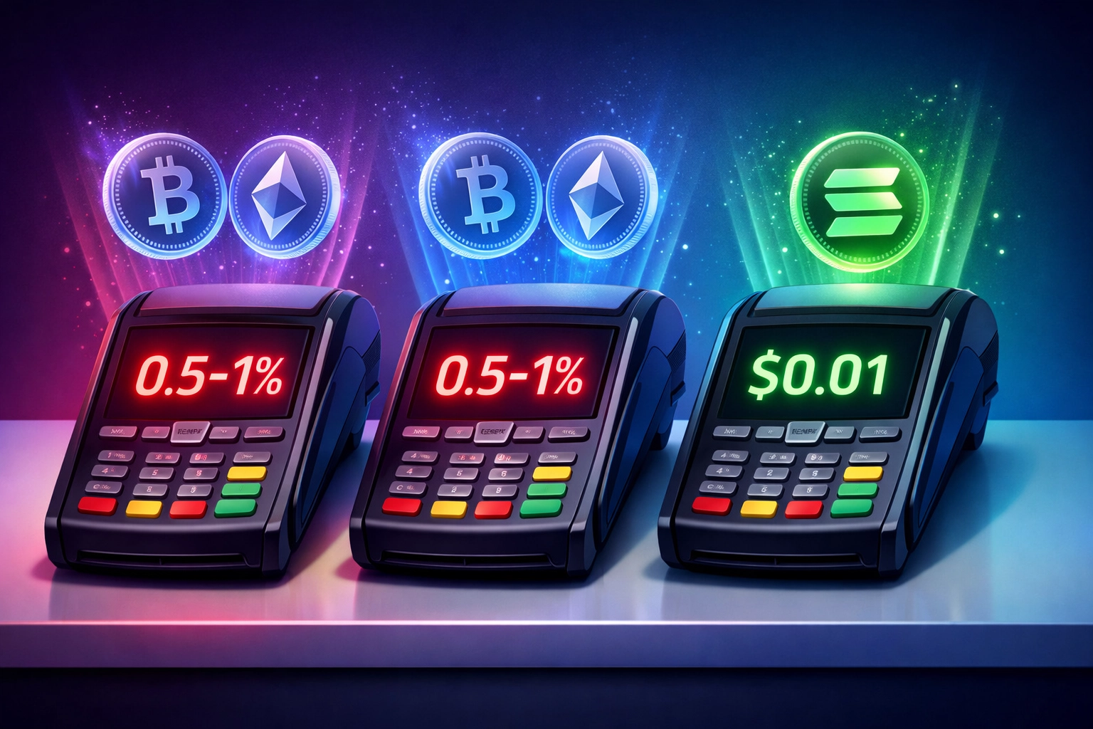 Crypto payment terminal fee comparison: NOWPayments and CoinPayments 0.5-1% vs Larecoin gas-only pricing