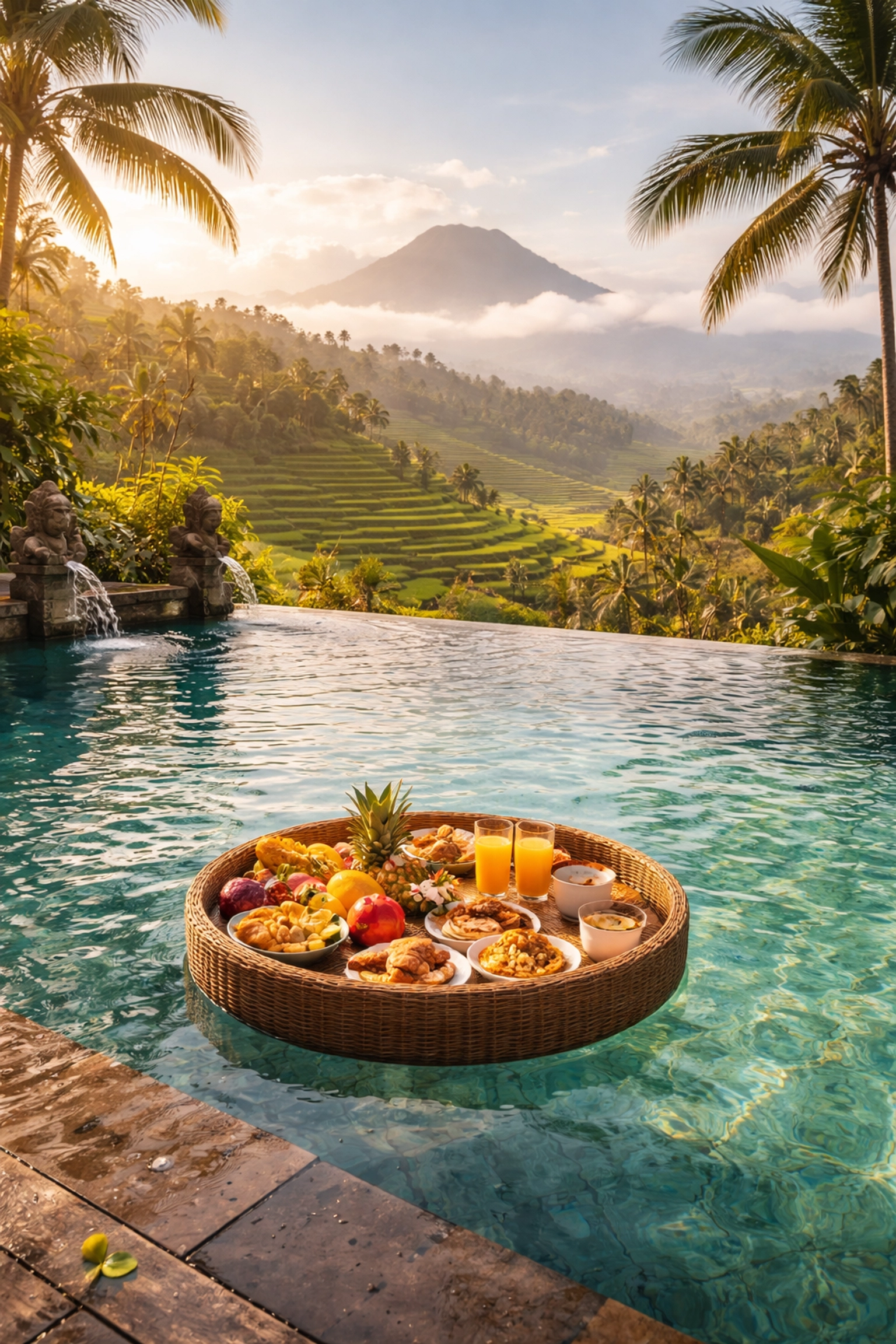 Luxurious infinity pool villa in Bali with rice terrace and volcano views, showcasing affordable dream vacations.
