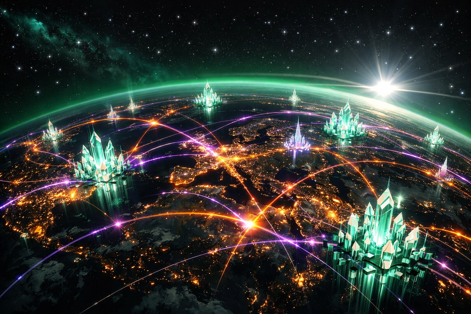 Global network of light connecting merchant hubs across the Earth for international crypto POS payments.