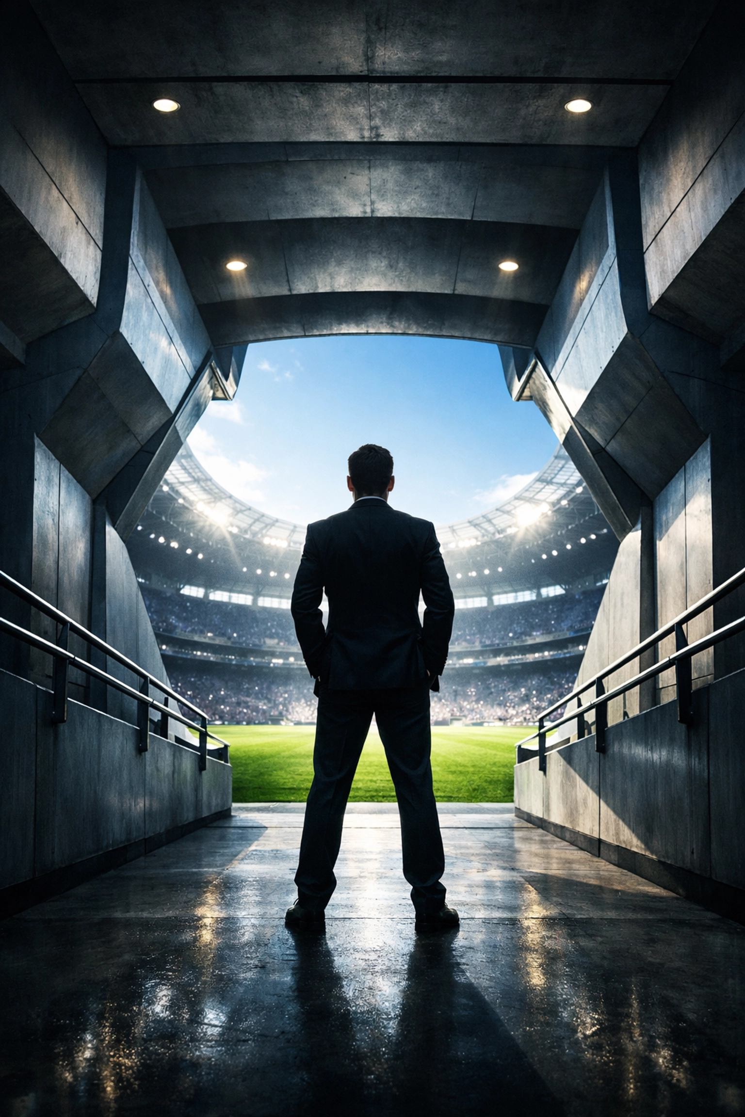 A business leader in a stadium tunnel looking toward a bright field representing legacy and scaling growth.