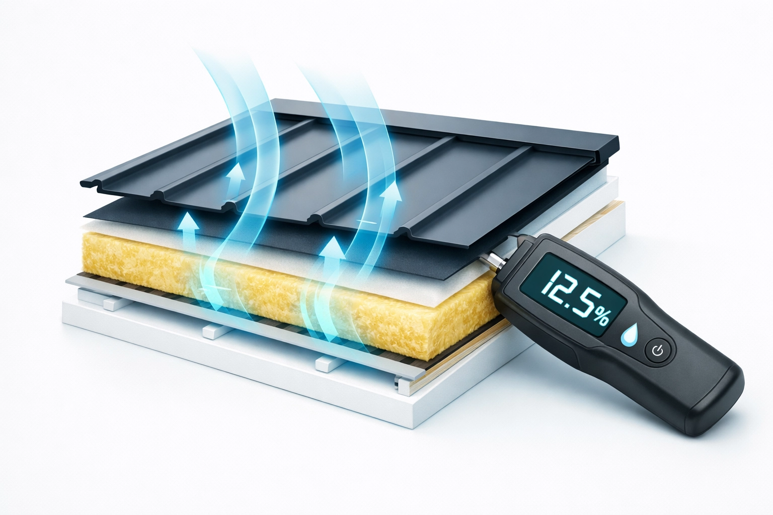 Digital moisture meter identifying water ingress within the layers of metal roofing Northern Beaches homes.