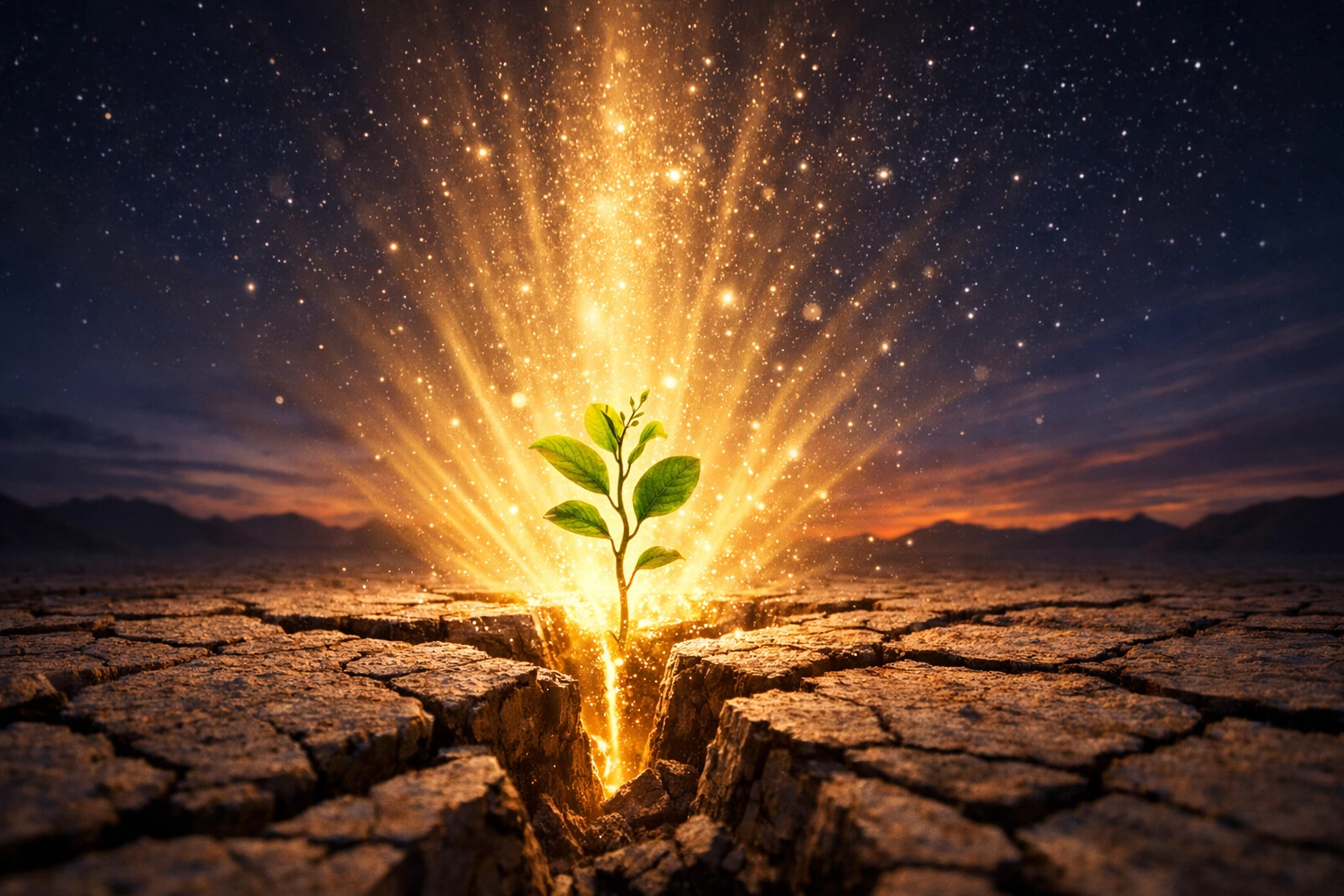 A green plant growing from cracked earth toward radiant light, symbolizing spiritual hope and healing.