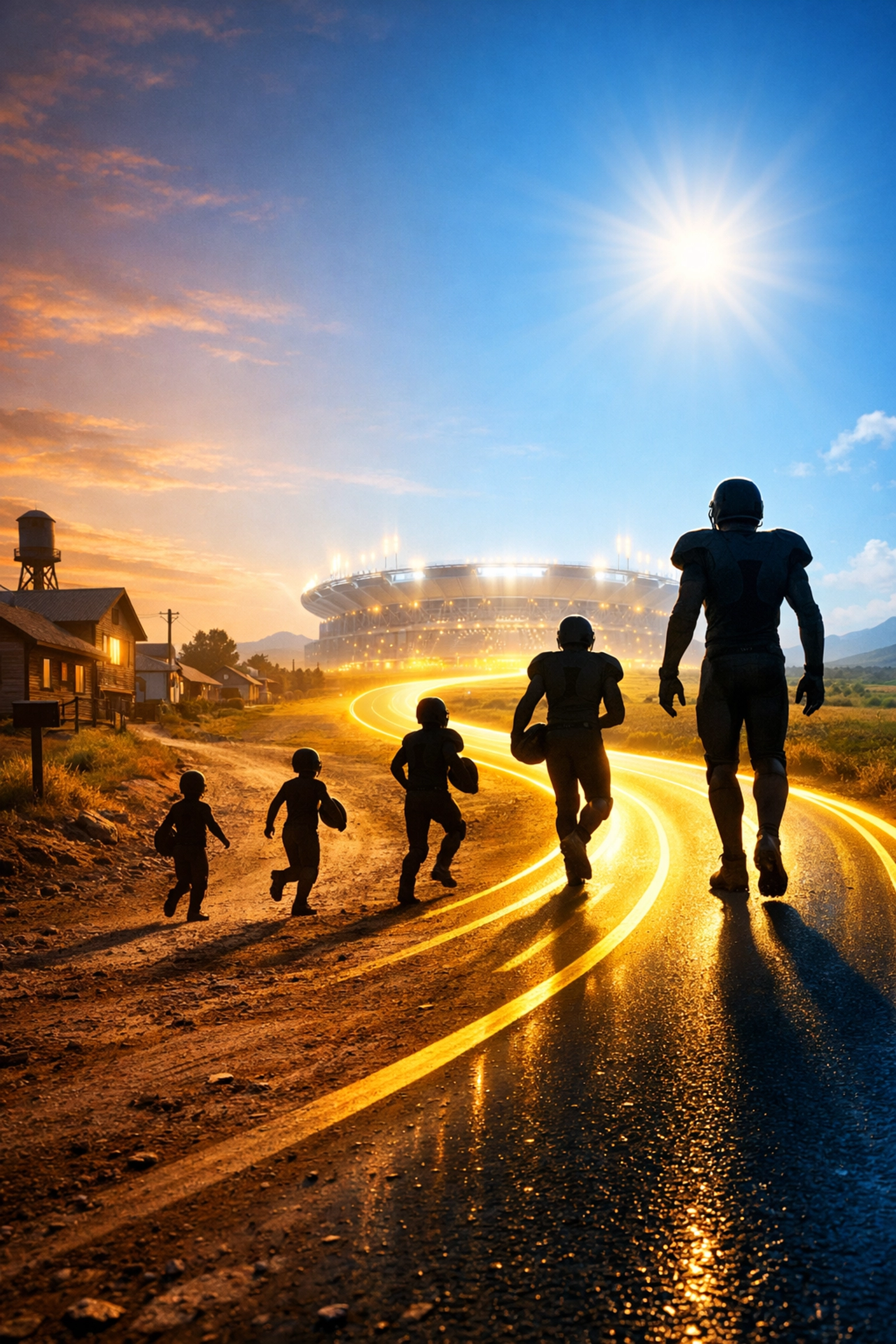 Football player development pathway from small town to major college stadium