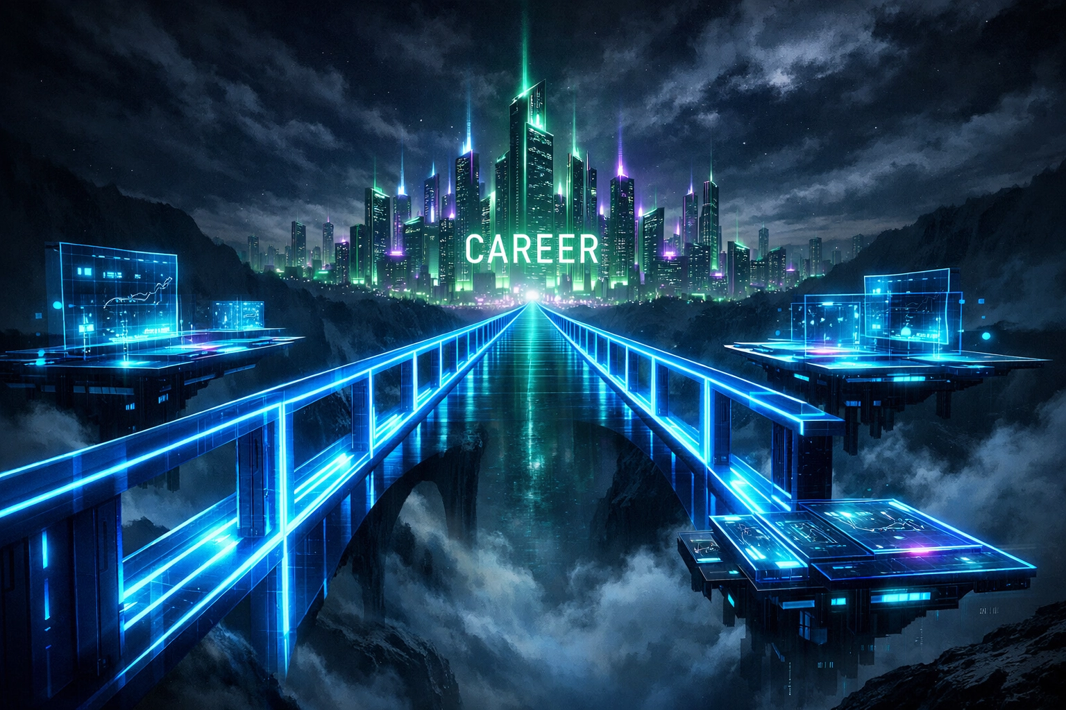 Futuristic light bridge over a chasm symbolizing the transition through the campus-to-career gap.