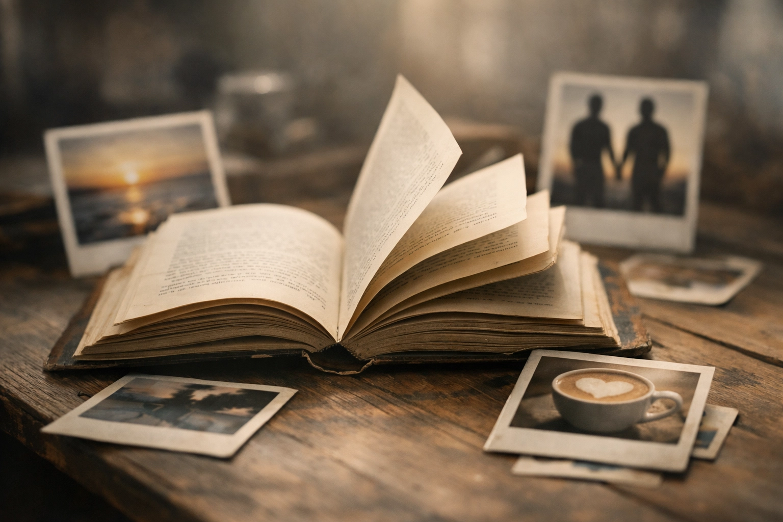 Open romance book with memories symbolizing heartbreak to HEA journey in gay fiction