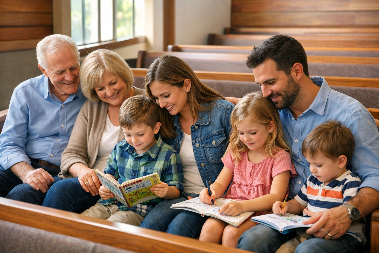Multi-generational family worshiping together during family-style church service Multi-generational family worshiping together during family-style church service