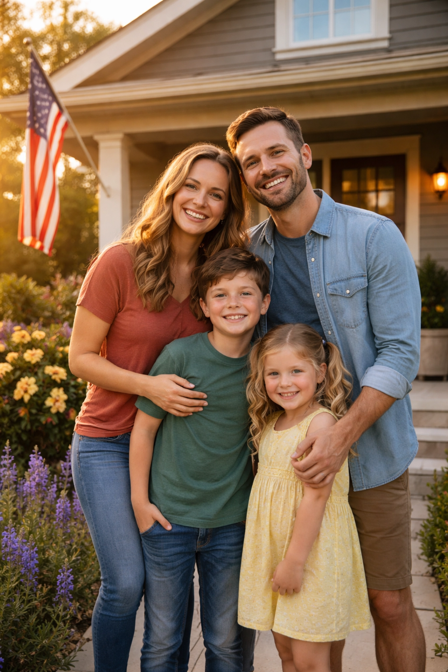 Texas family stands together in front of their Fort Worth home, symbolizing mortgage protection insurance and family security.