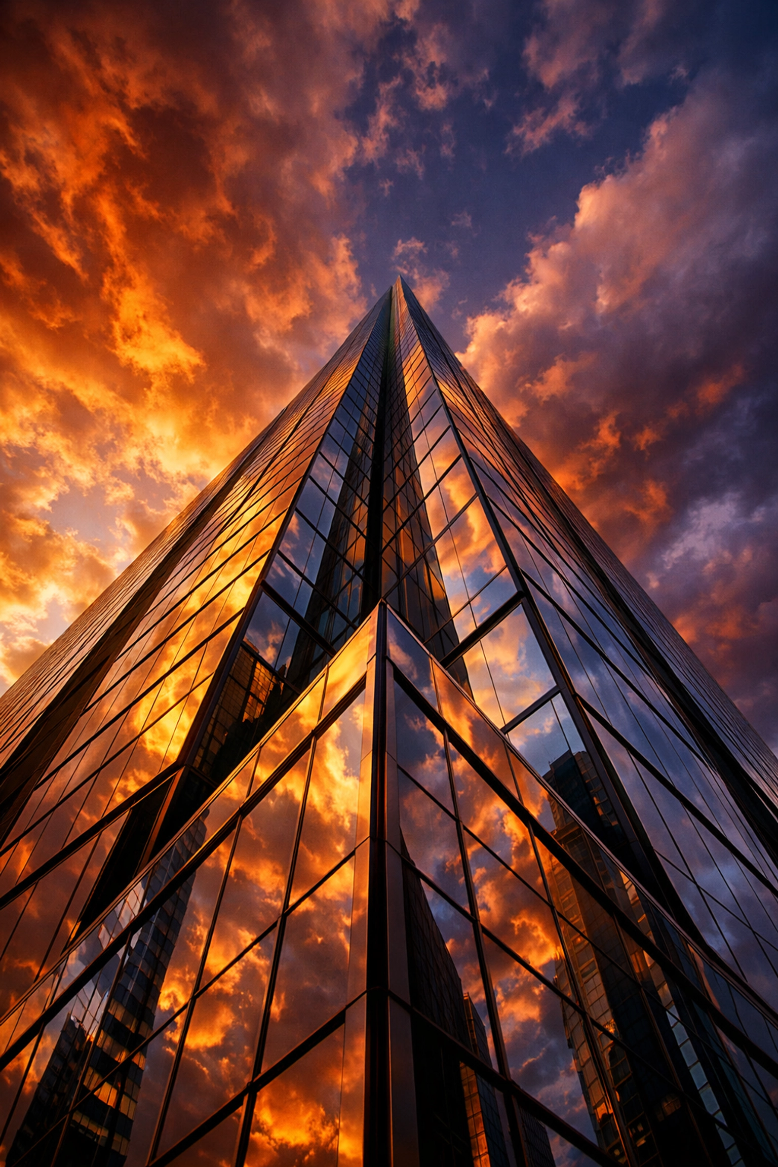 Modern glass skyscraper at sunset representing the industry leadership of a top music marketing agency.