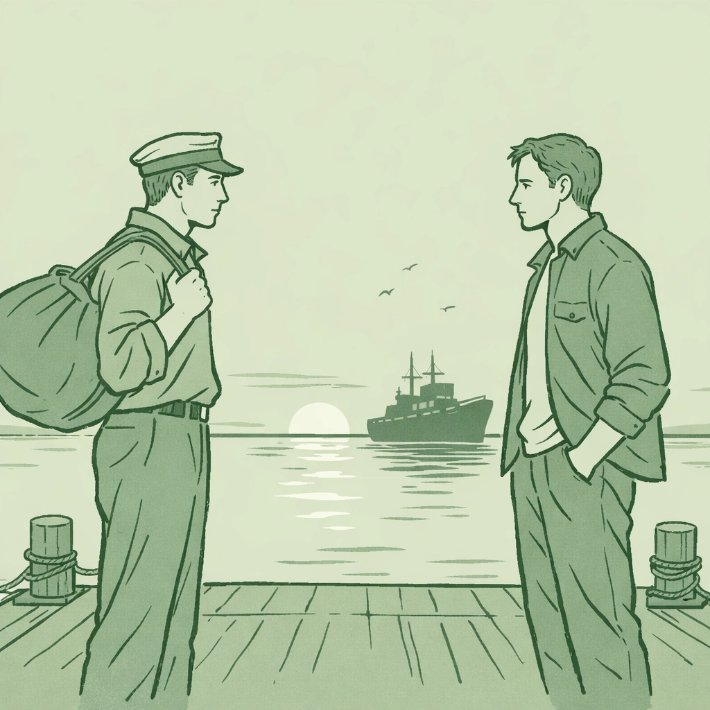 Sailor returning home to childhood friend on harbor dock - MM romance homecoming scene
