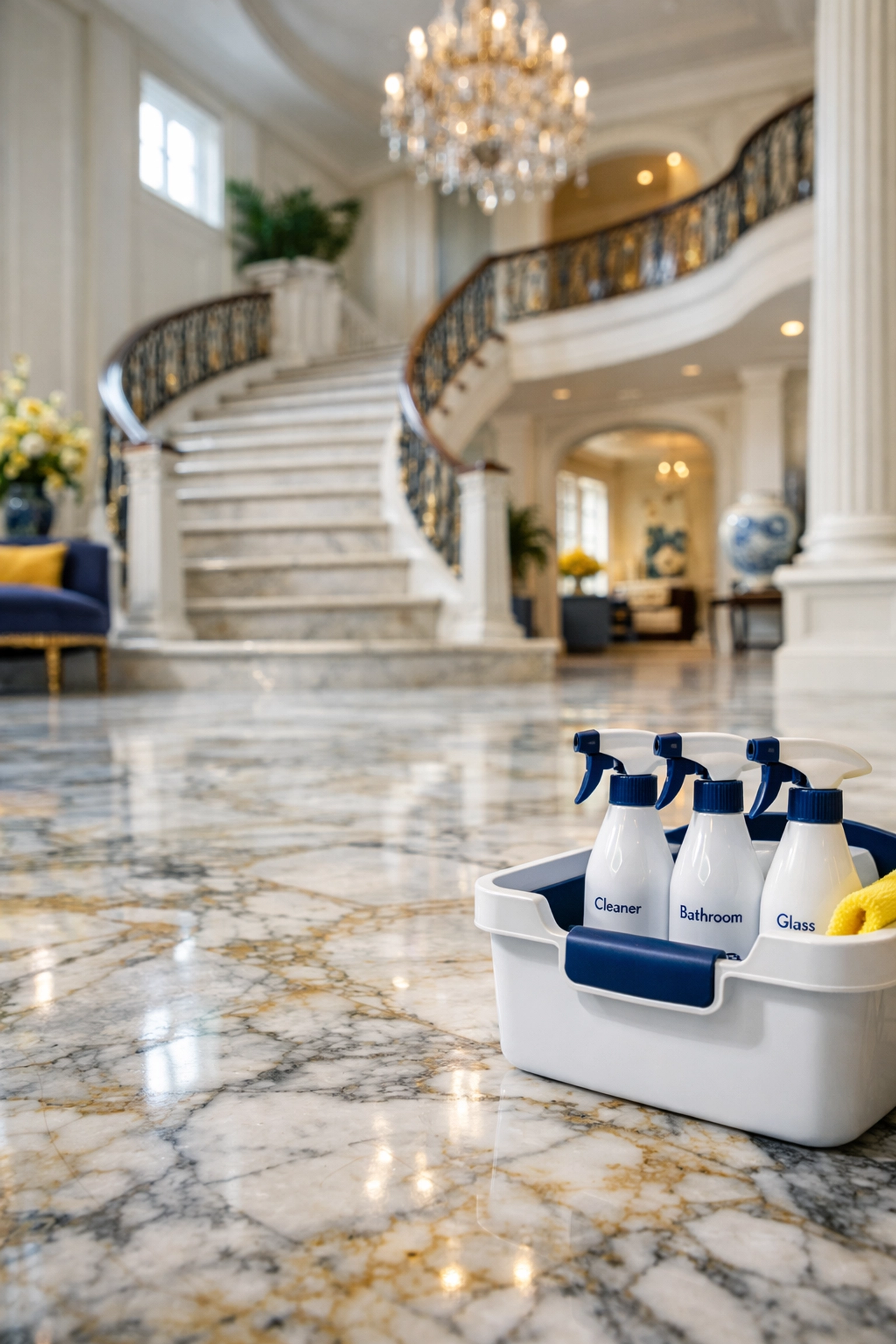 Eco-friendly supplies used for luxury house cleaning in Reading on high-end marble entryway floors.