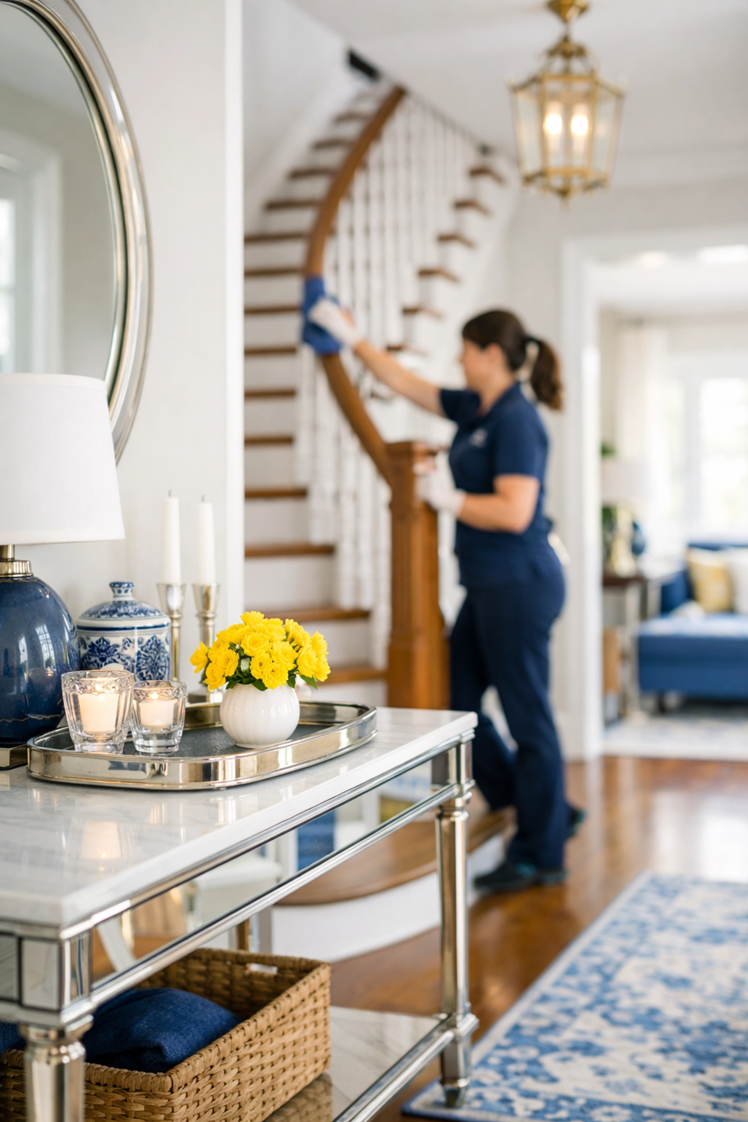 Professional cleaners performing a thorough deep cleaning in a high-end Needham MA home entryway.
