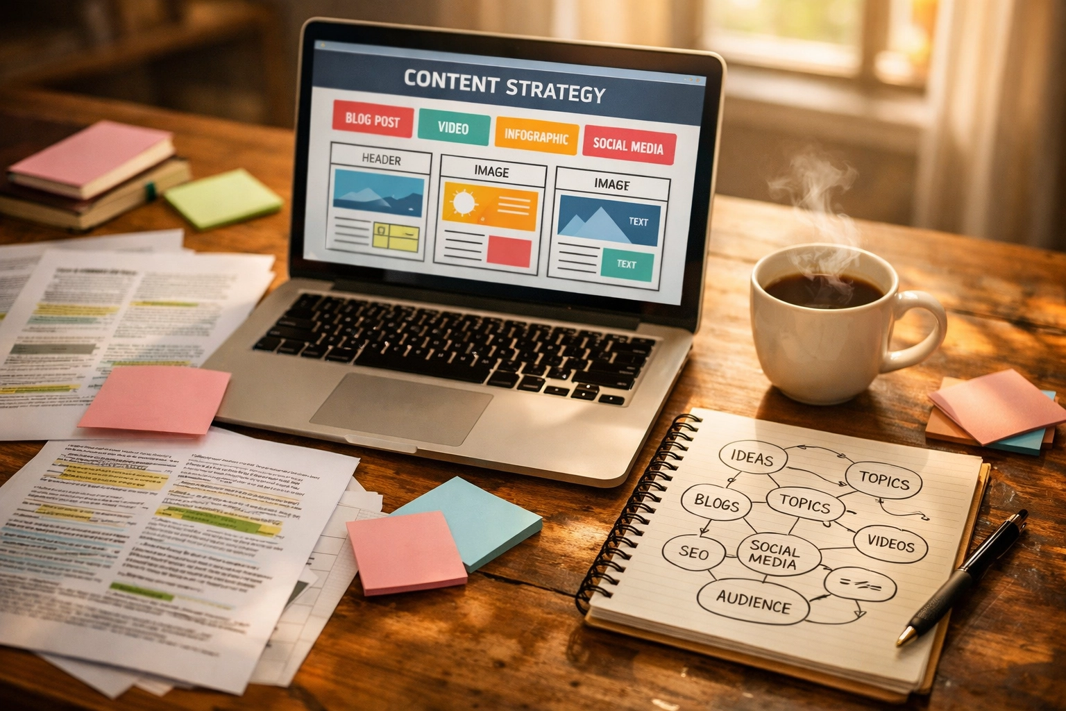 Content strategy planning workspace for bottled gases UK business with laptop and notes