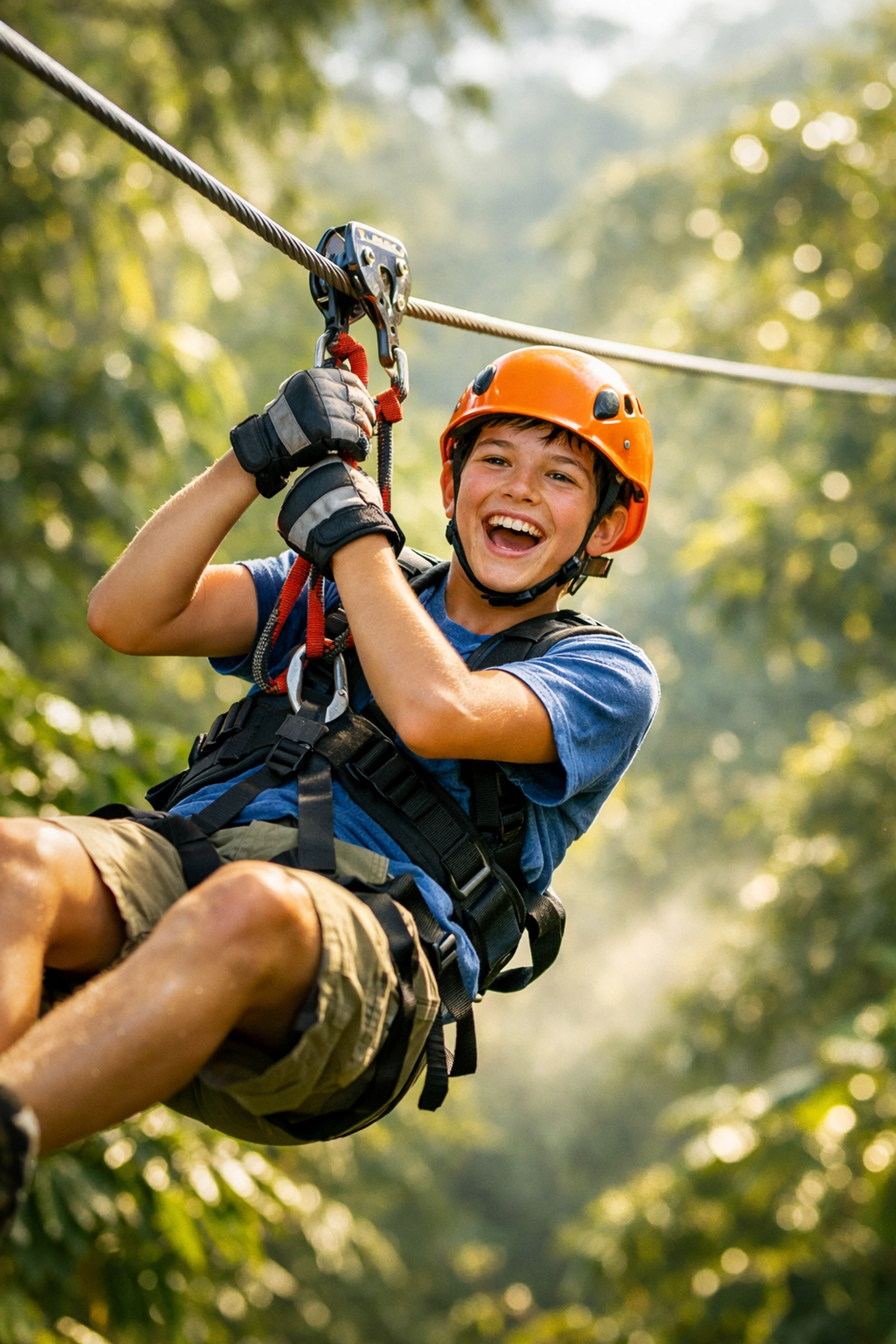 A teenager smiling while ziplining through a tropical rainforest canopy during a family summer trip.