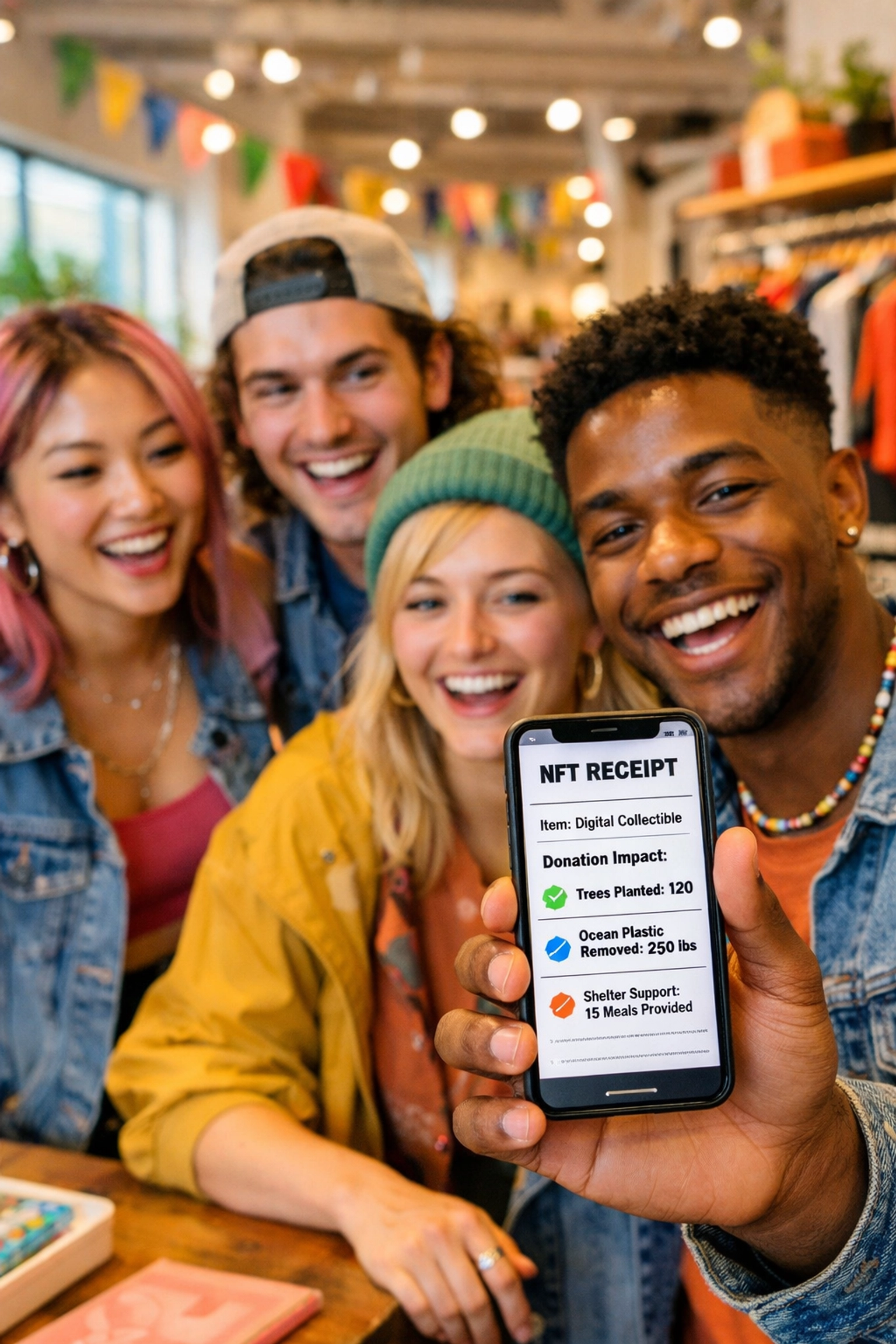 Young customers viewing NFT receipt showing charitable impact from their crypto payment transaction