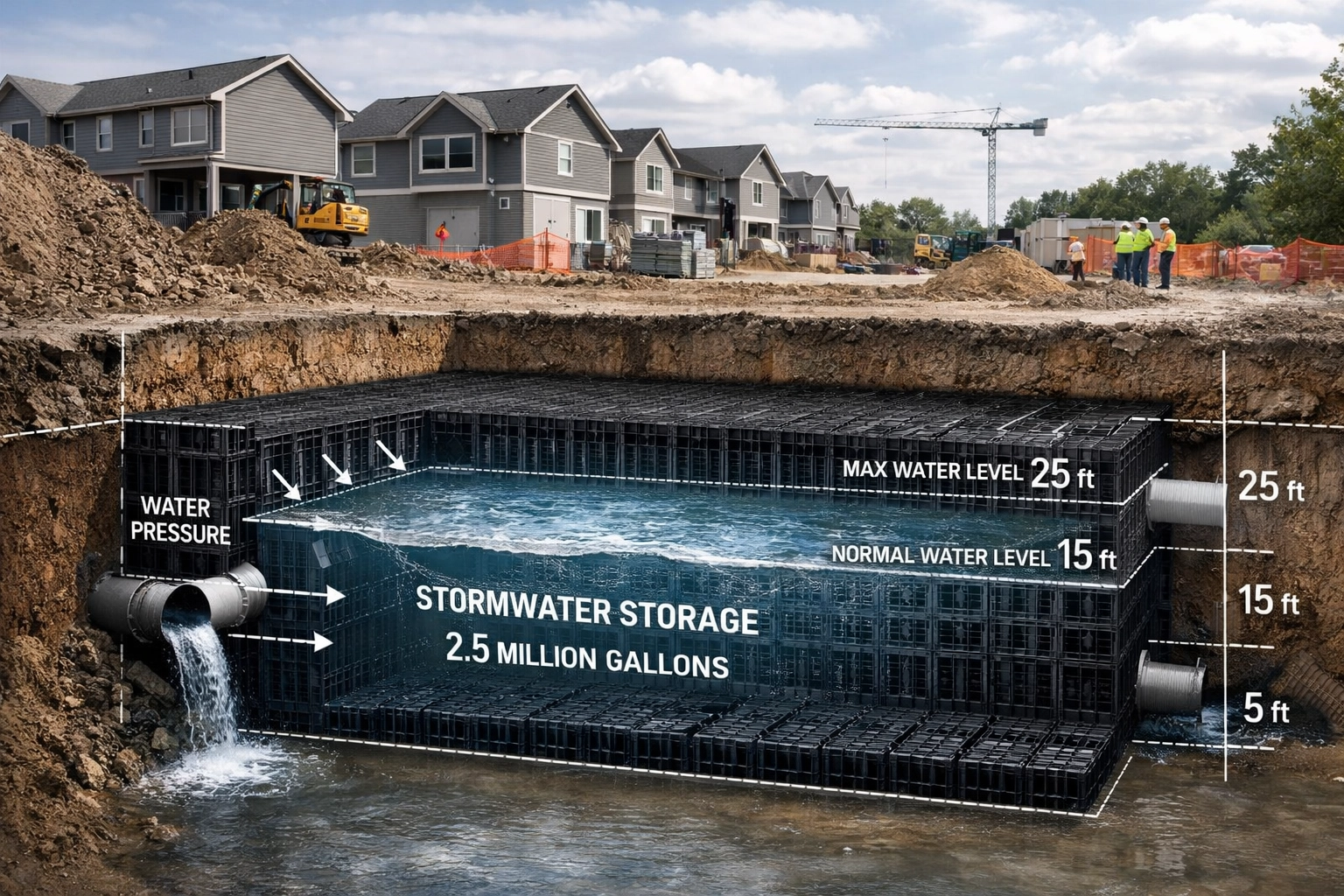 Large underground stormwater storage tanks installed at an Ontario residential development site.