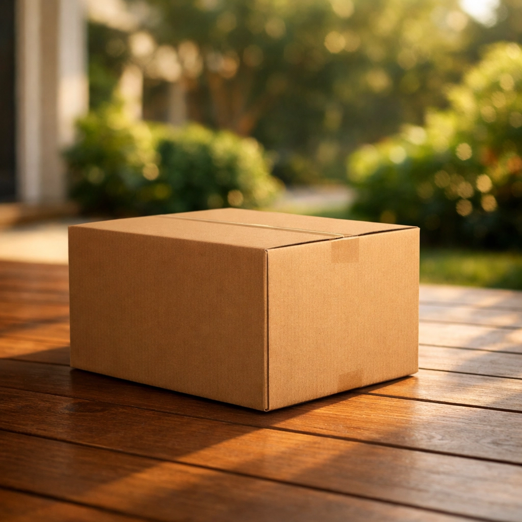 An unmarked parcel on a sunny porch, ensuring private and discreet delivery for male masturbators cups.