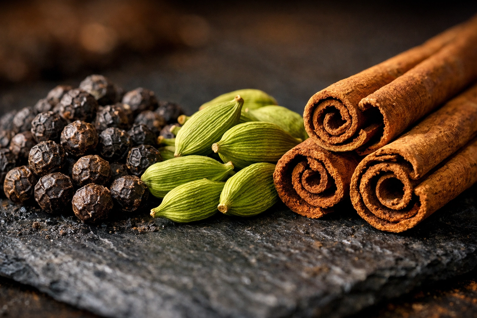 Close-up of authentic Kerala spices including Tellicherry black pepper and green cardamom pods.