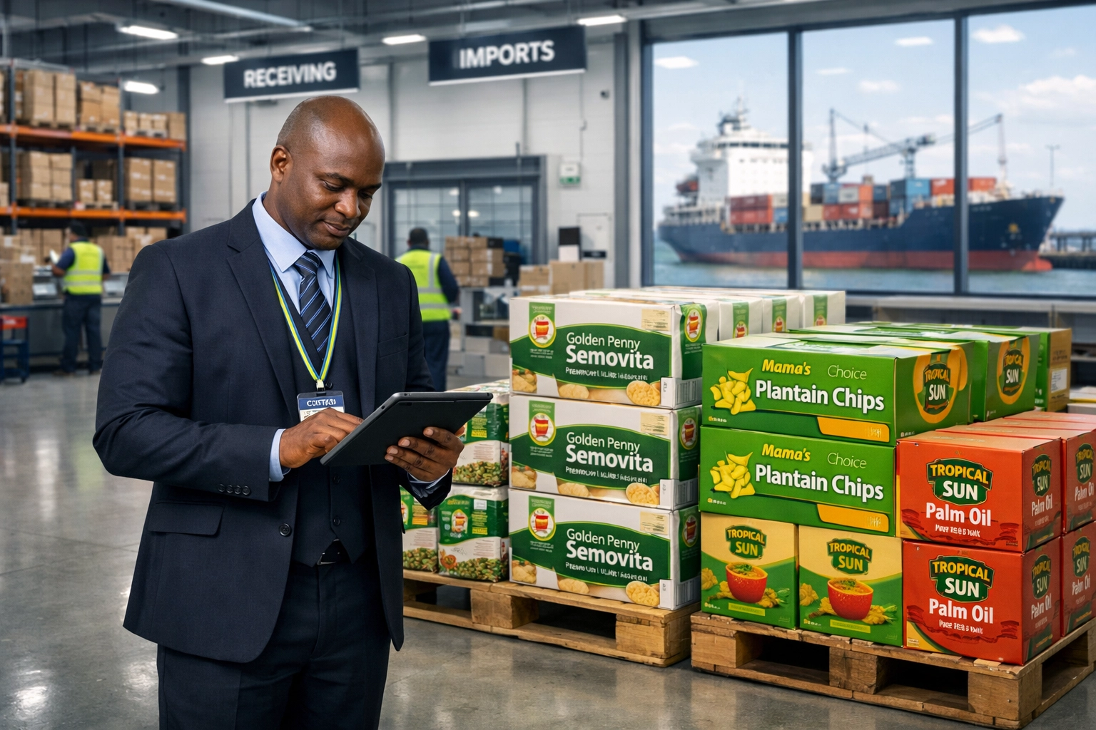 UK warehouse receiving Nigerian food imports with customs officer processing documentation