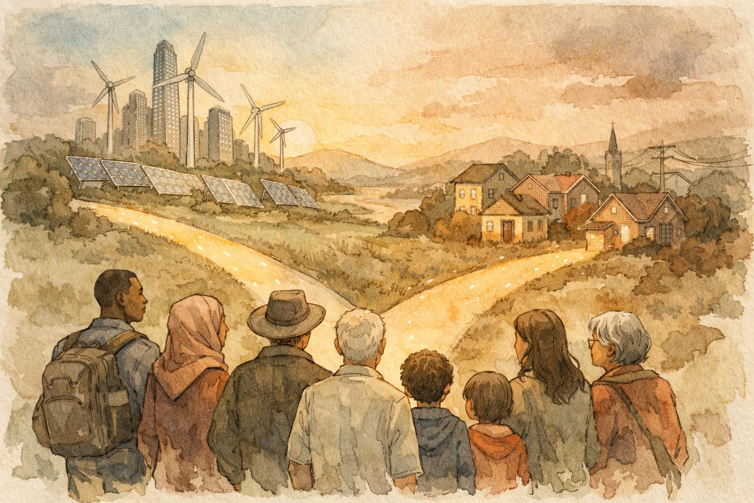 People at crossroads choosing between sustainable future and traditional community paths