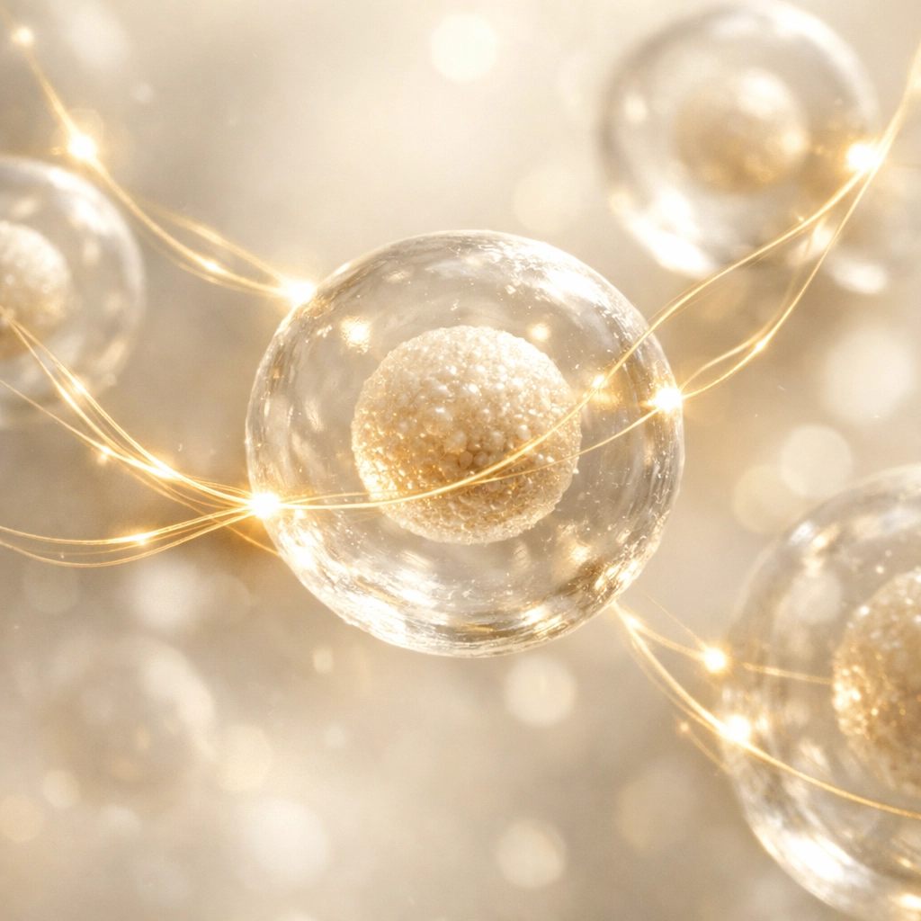 Visualization of peptides acting as signaling molecules for cellular optimization and anti-aging therapy.