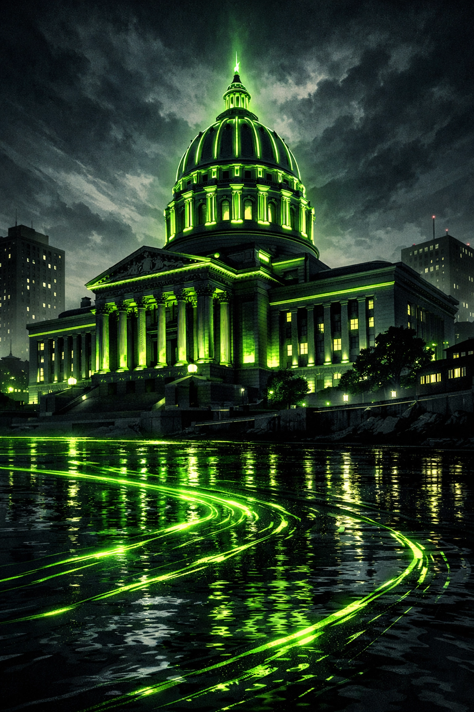 Jefferson City MO skyline and State Capitol at night representing localized digital authority for law firms.