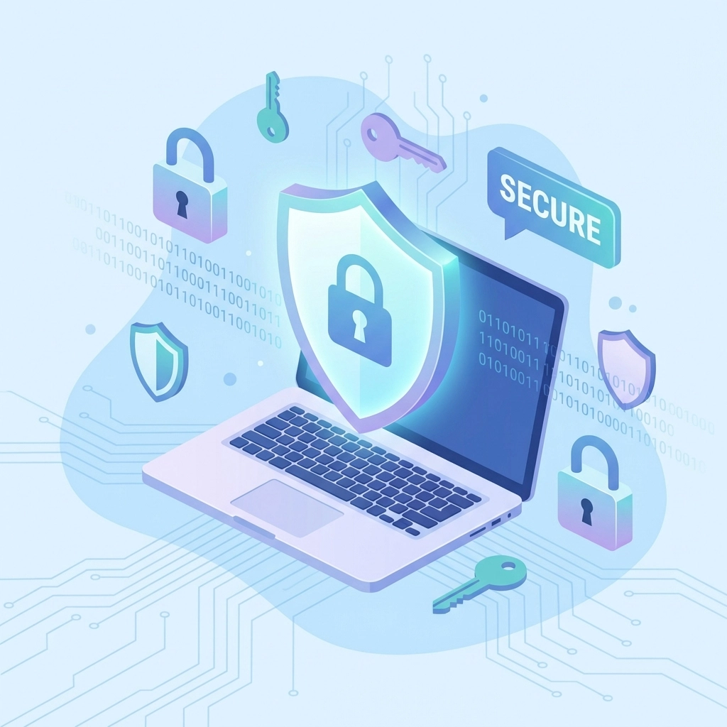 Laptop computer protected by a digital shield and security icons, illustrating Florida computer store cybersecurity services.