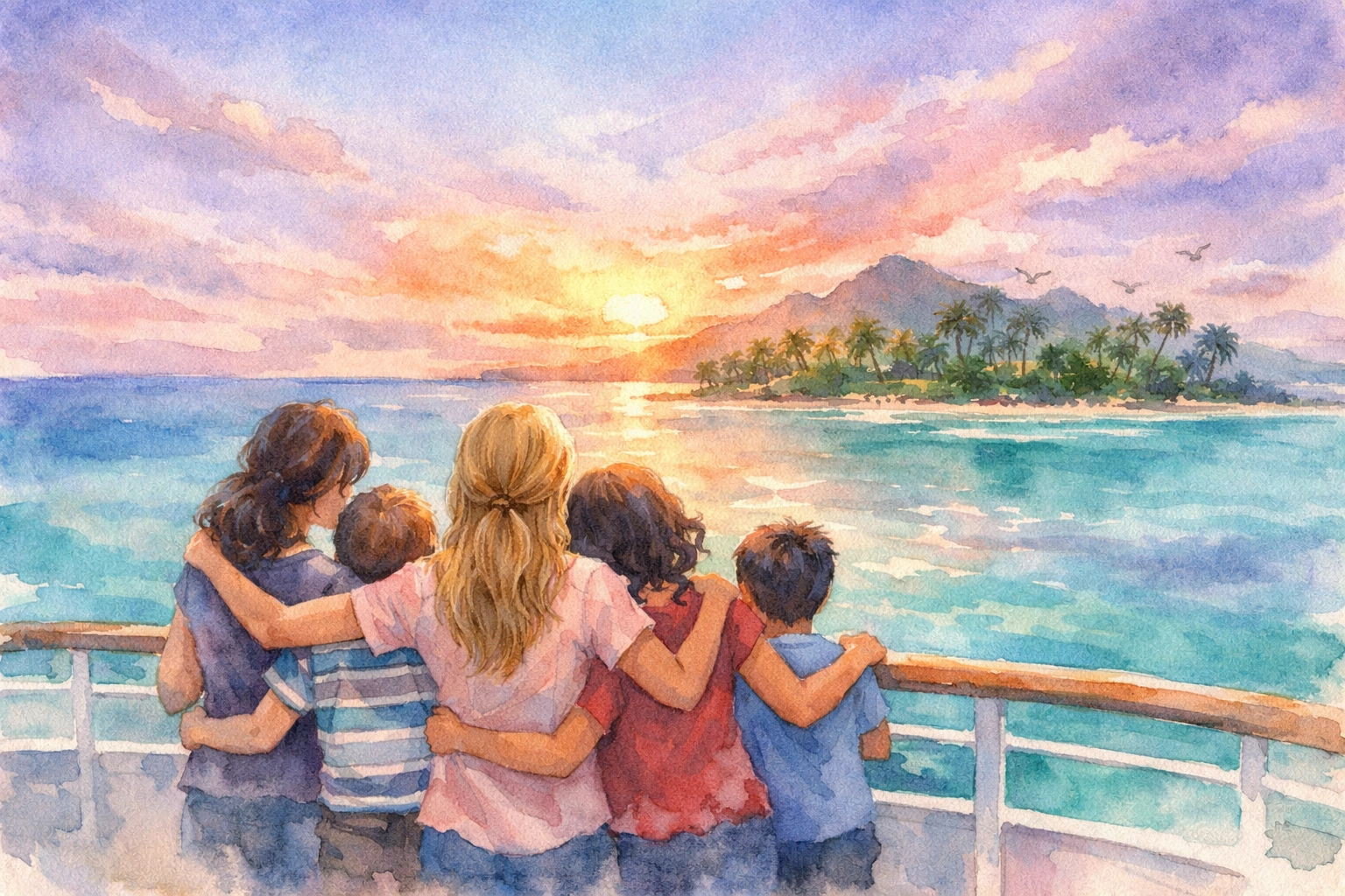 Single mom families together on cruise observing tropical island destination