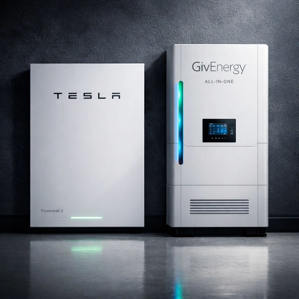 Tesla Powerwall 3 and GivEnergy solar battery systems for high-performance home energy storage.
