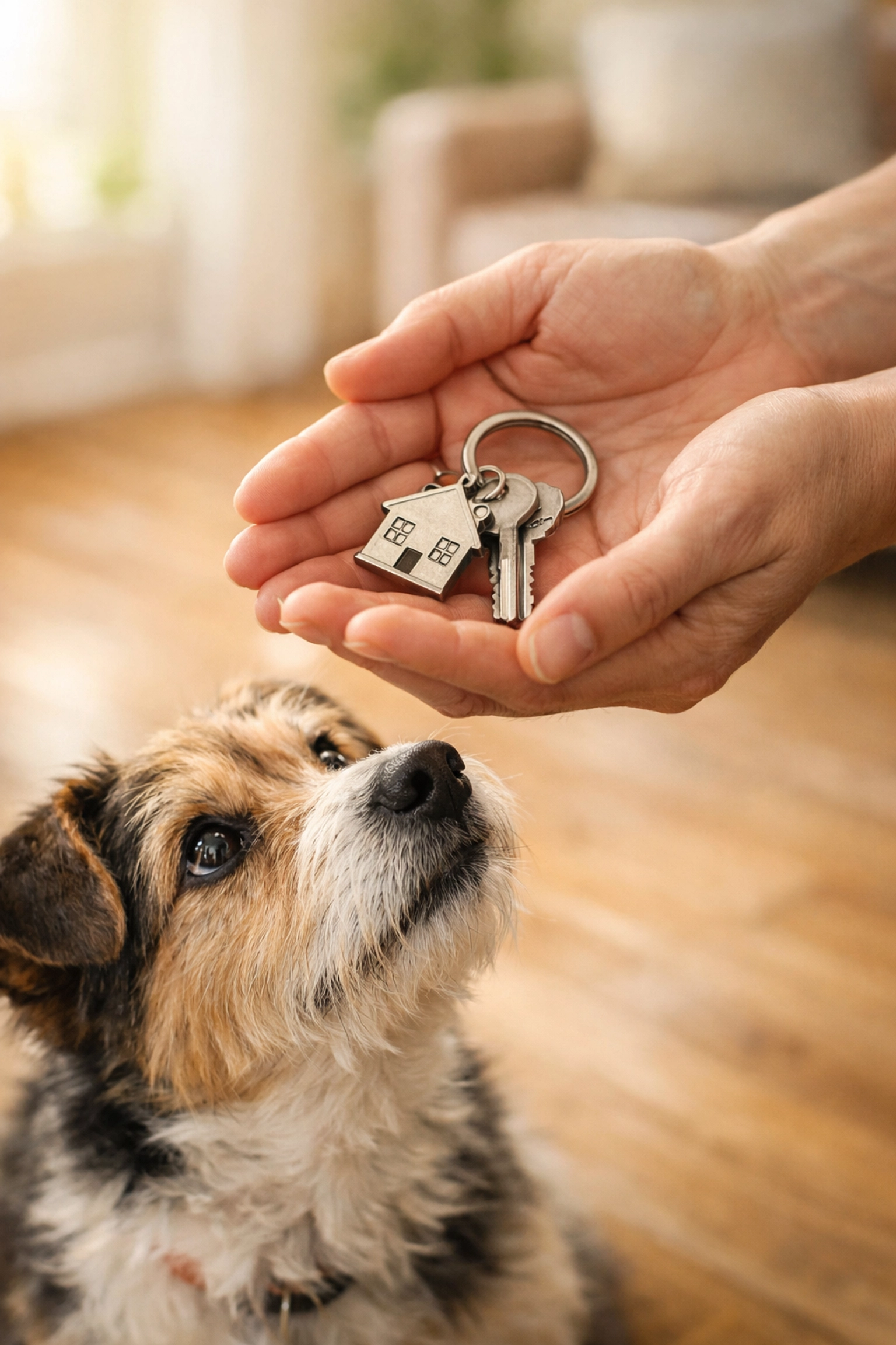 Hands holding house keys near a loyal dog, symbolizing a caring transition when selling an inherited house.