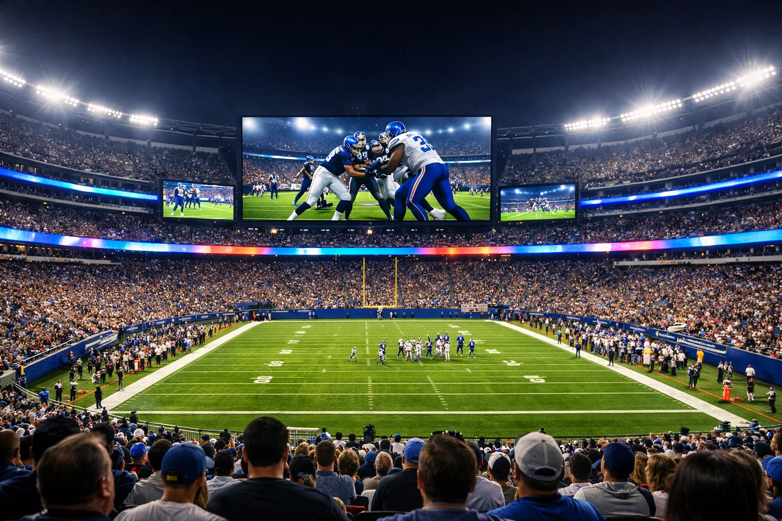 A packed sports stadium at night showing bright LED ribbon boards and scoreboards used for digital advertising.