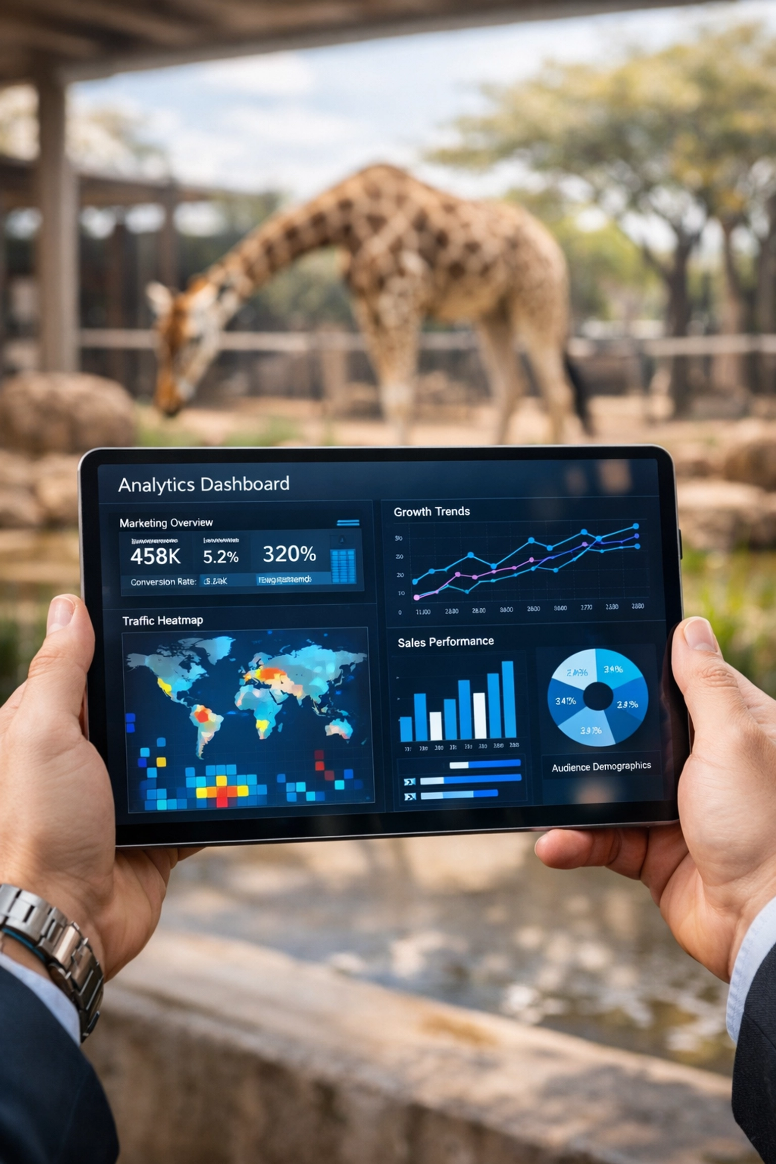 Tablet showing an analytics dashboard at a zoo, illustrating data-driven marketing performance and sponsorship ROI.