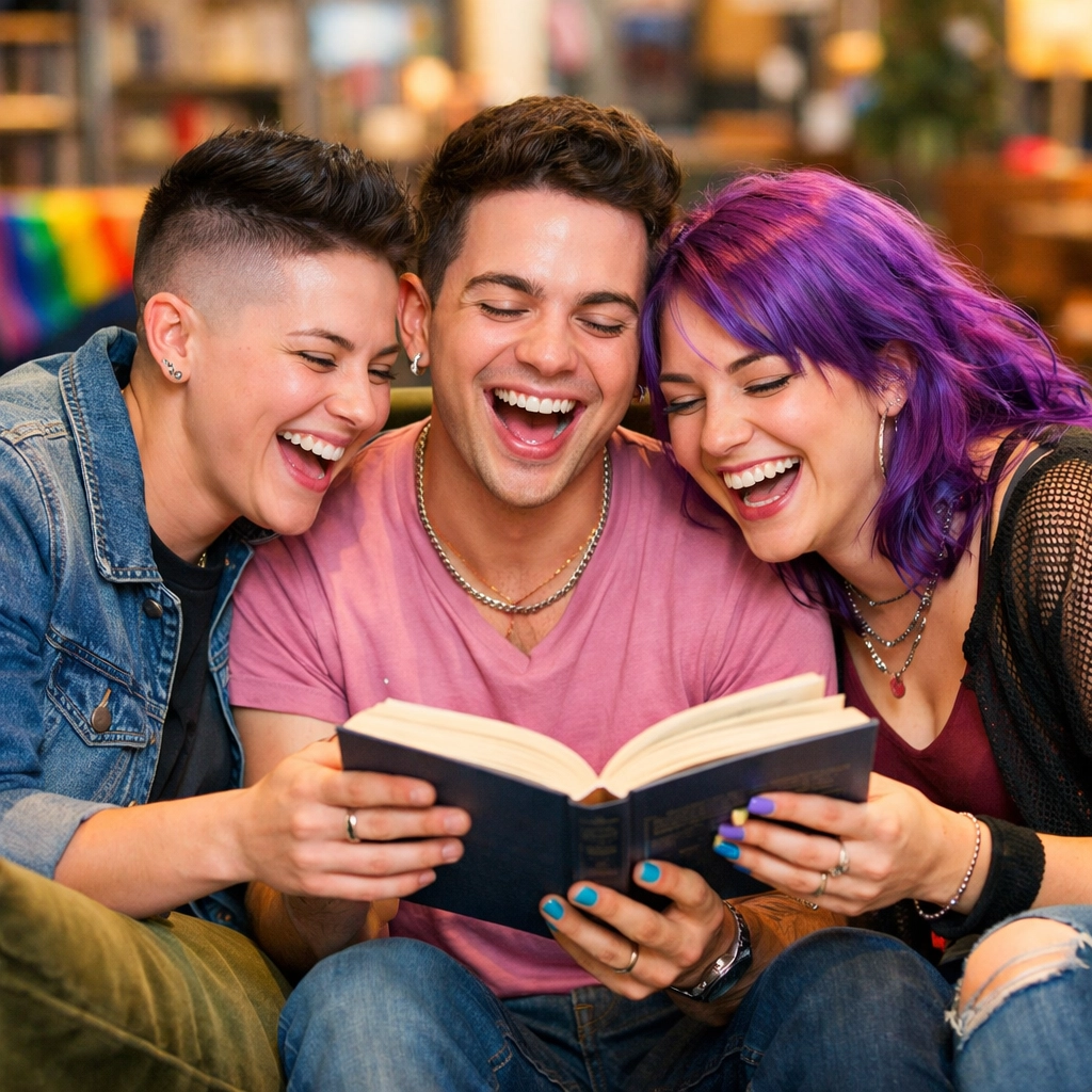 Diverse LGBTQ+ students sharing a book in a campus lounge, finding community and the best MM romance of 2026.