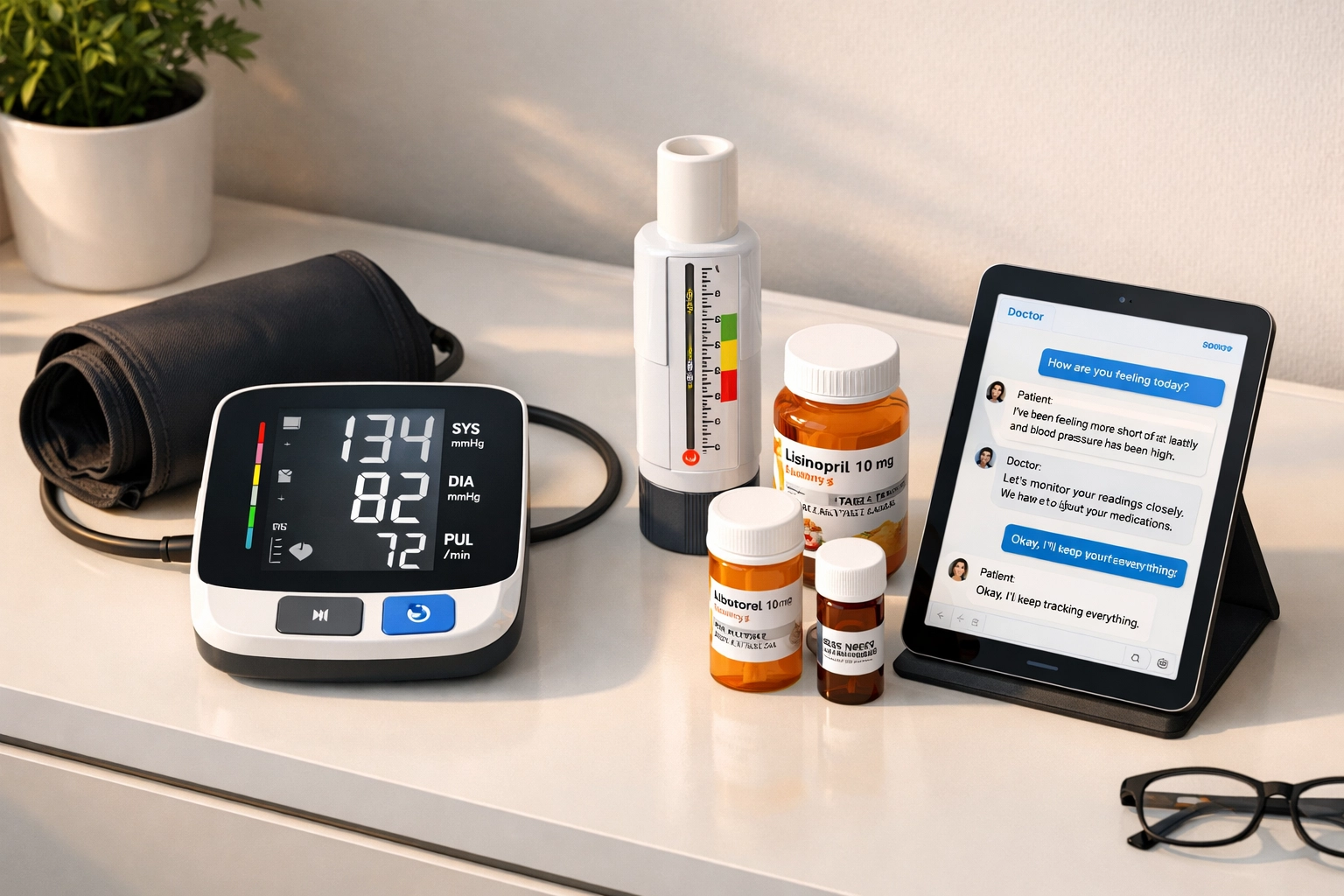 Home chronic disease management setup with blood pressure cuff, asthma peak flow meter, and telehealth chat