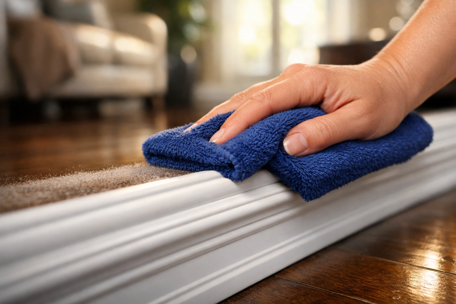 A microfiber cloth removing dust from baseboards as part of a weekly house cleaning in a Massachusetts home.