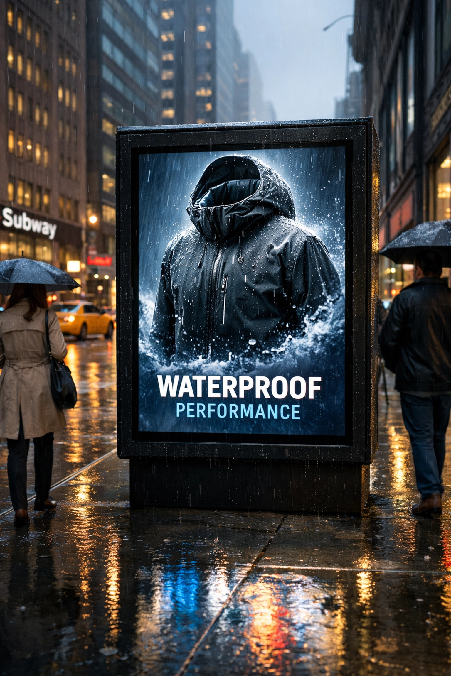 Metropolitan digital screen showing weather-triggered sports apparel ads on a rainy sidewalk.