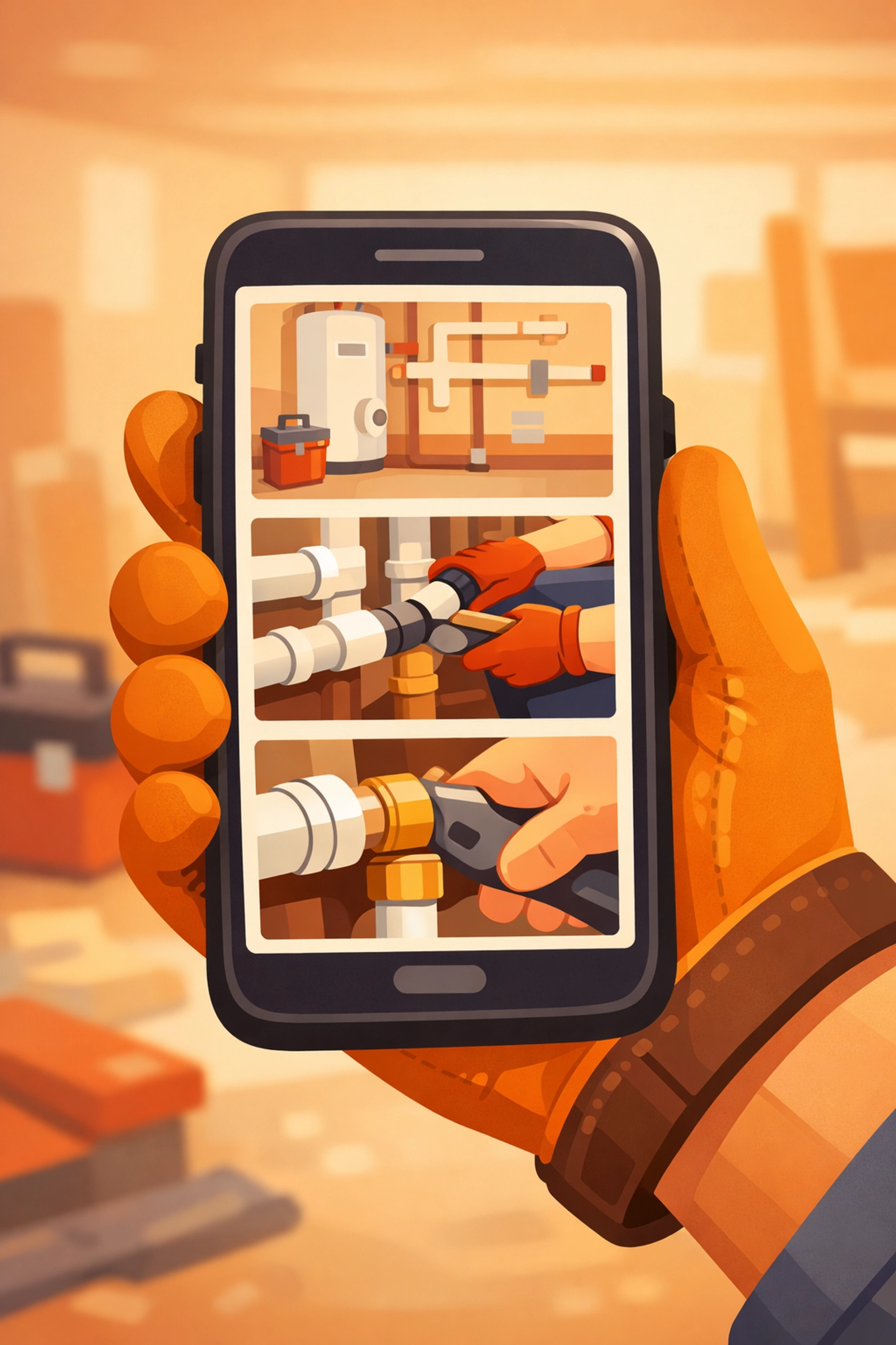 Contractor using mobile phone to document job with wide, medium, and close-up photos