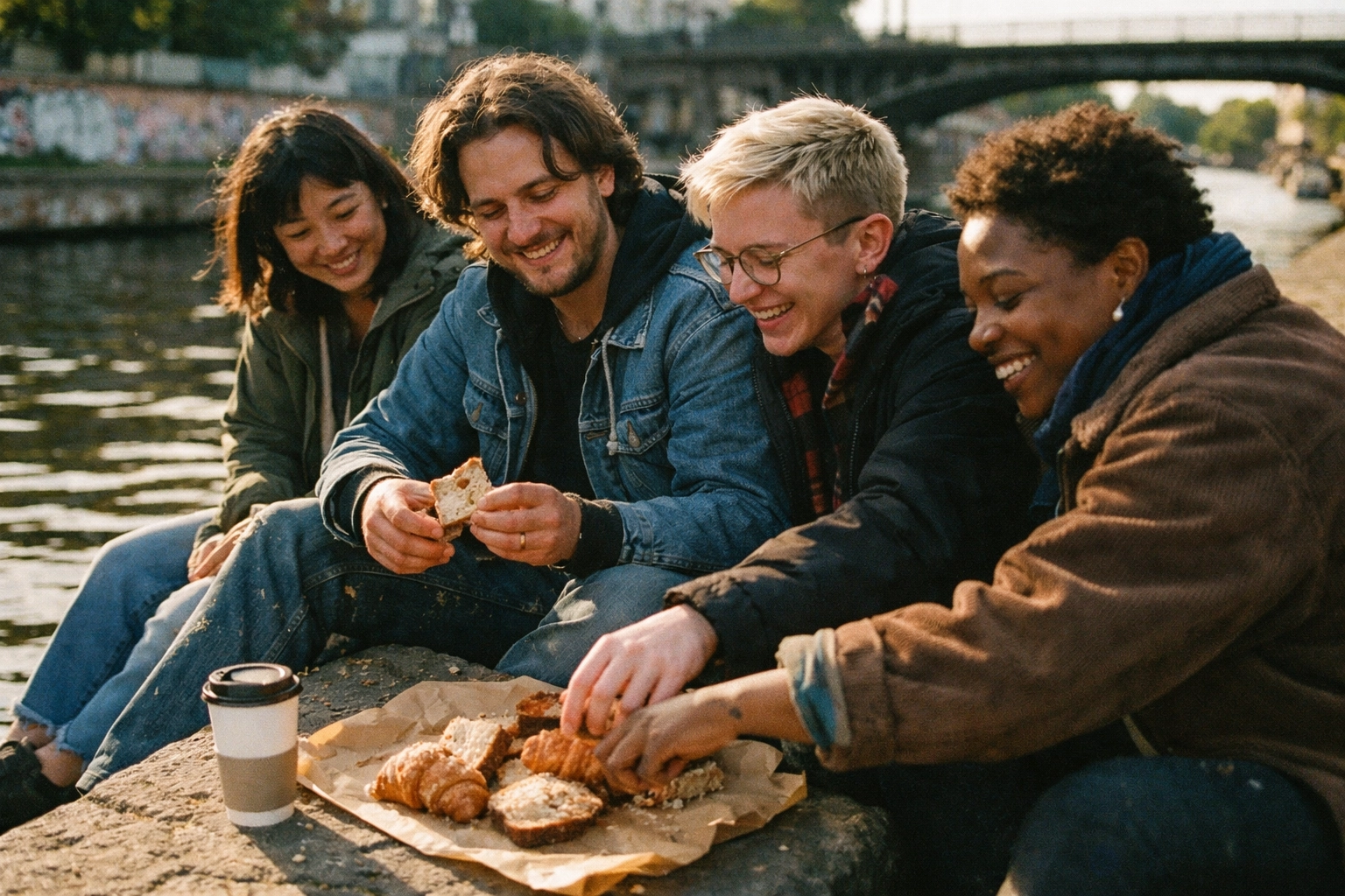 Friends sharing croissants on the Landwehrkanal edge, crumbs on jeans, Berlin doing what it does best.