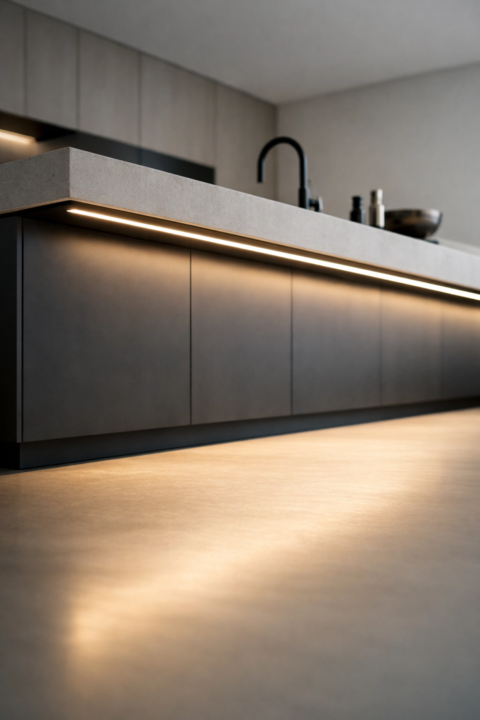 Recessed linear LED lighting under a kitchen island counter providing a seamless glow without hotspots.