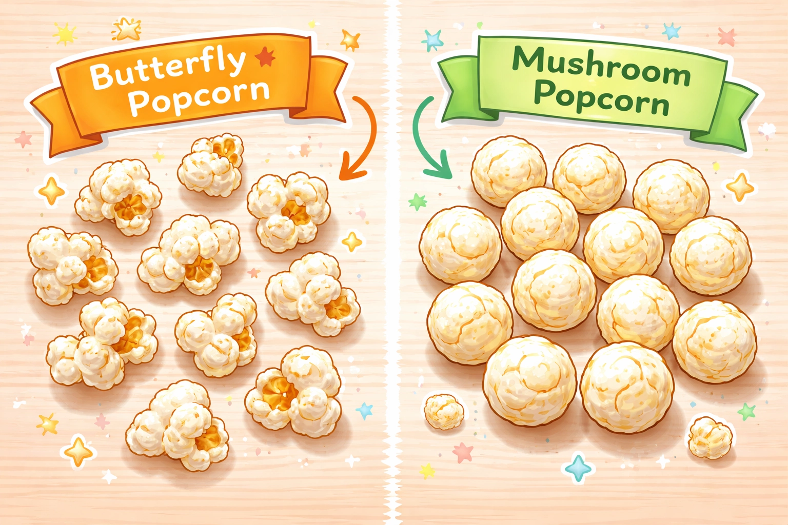 Comparison of butterfly and mushroom popcorn kernels, highlighting why Munchies uses round, sturdy mushroom popcorn for gourmet snacks