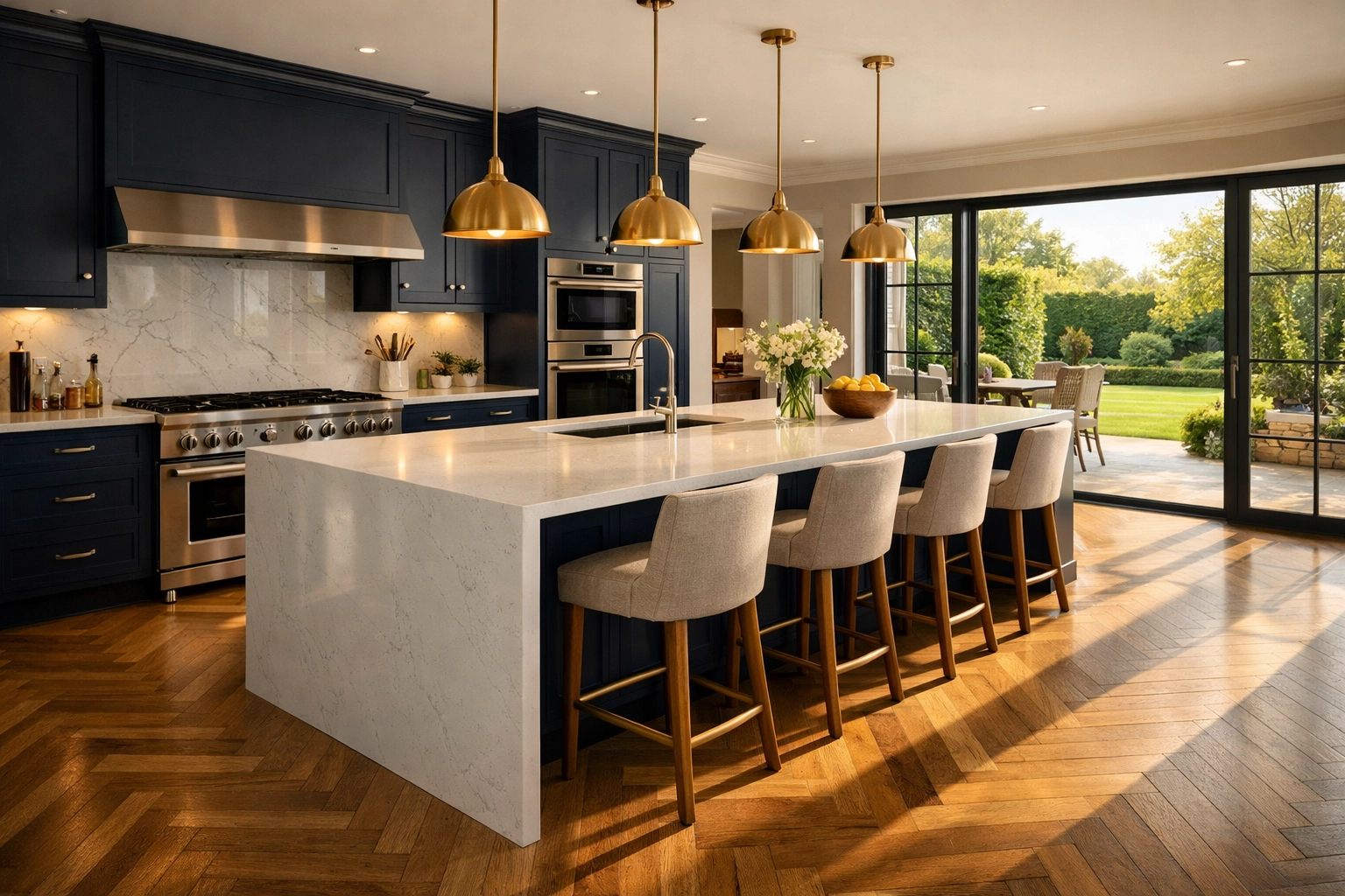 High-end kitchen installation in Bognor Regis featuring navy cabinets and a quartz island.