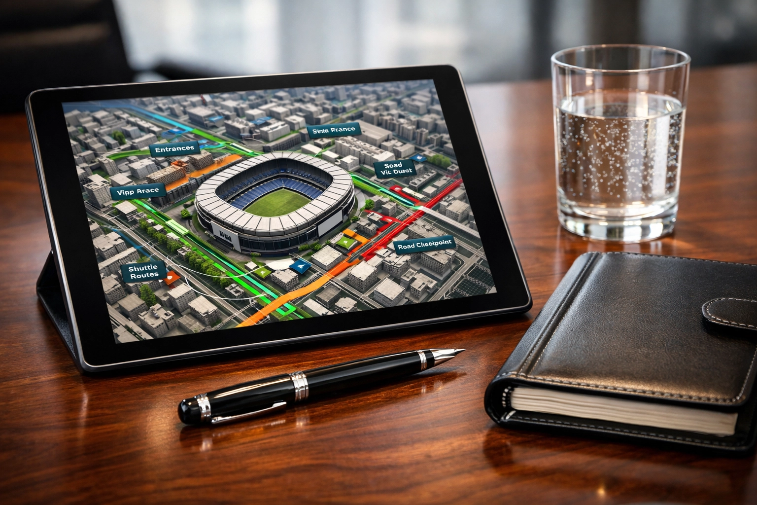 Digital stadium logistics map and planning tools for expert corporate travel management.